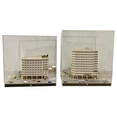 Pair of Vintage Architecture Building Models Under Plexiglass, circa 1970s
