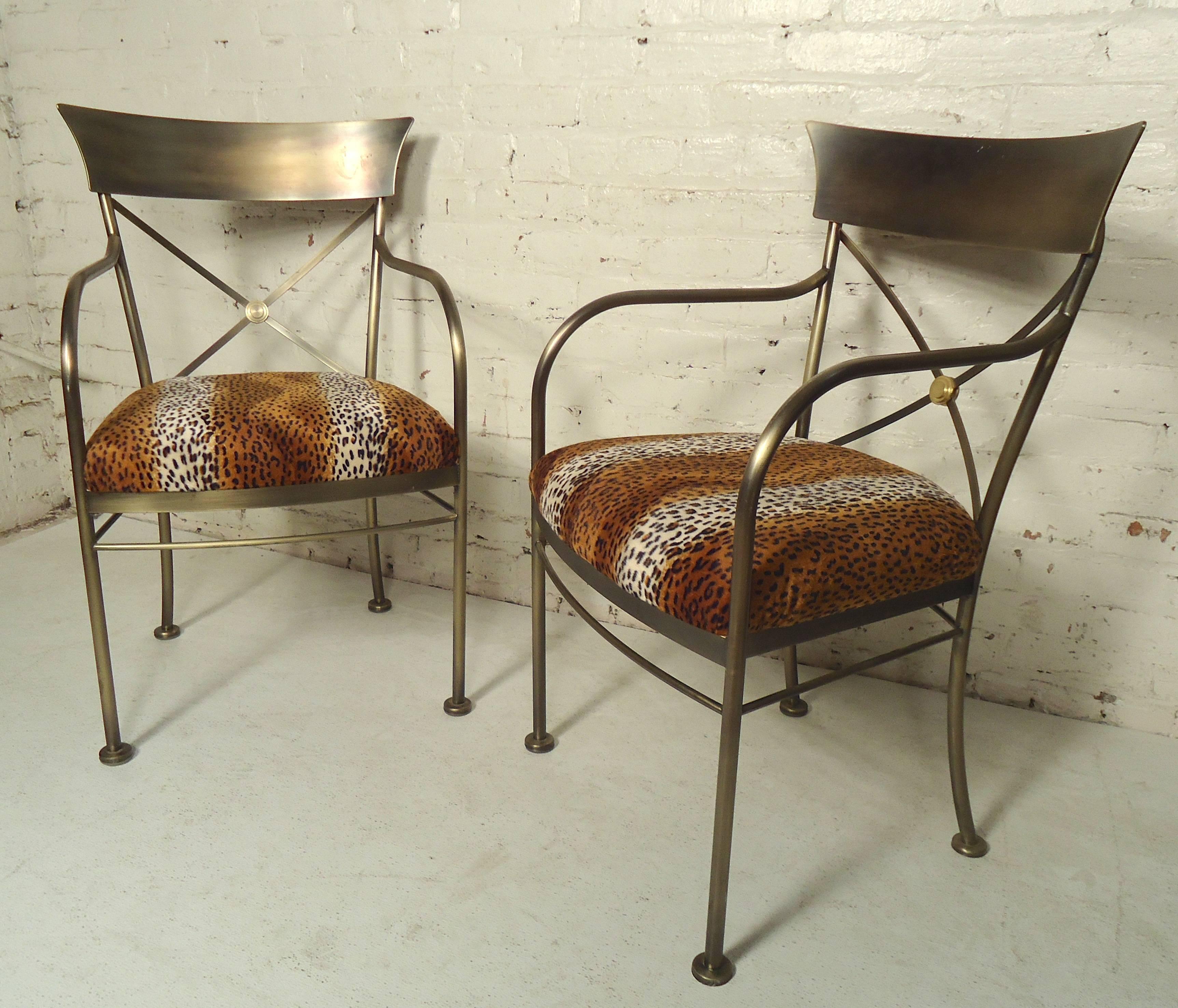 Striking side chairs with wild cheetah pattern. Brass frames with a soft brush finish.

(Please confirm item location - NY or NJ - with dealer).
  