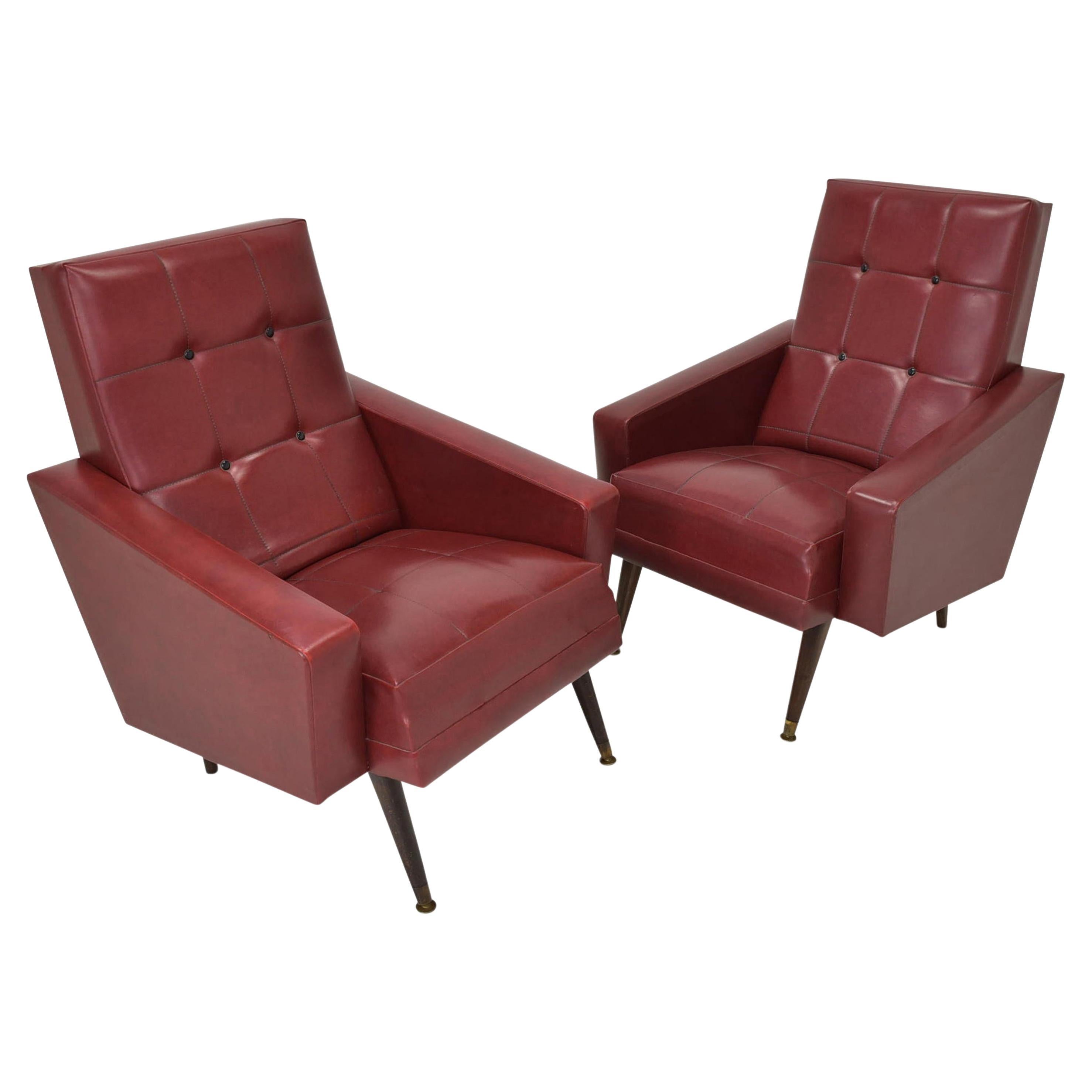 Paire de fauteuils vintage 2x chaises longues / chaises Skai Rockabilly rouges, années 50s 60s en vente