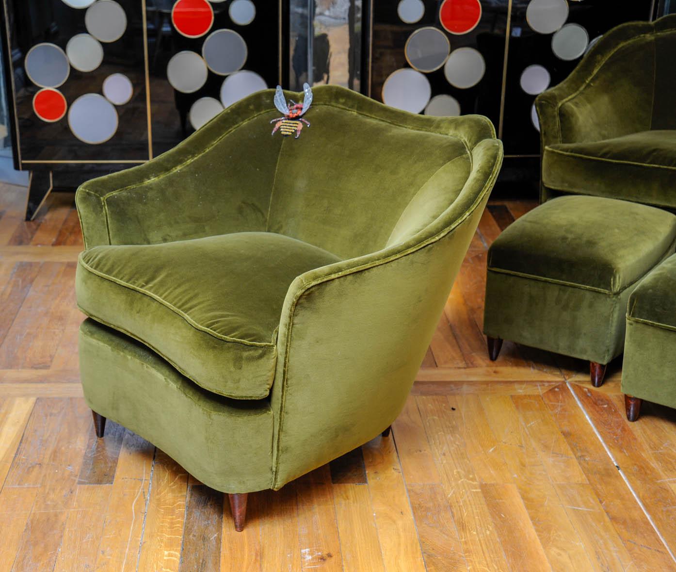 Velvet Pair of Vintage Armchairs and Footstools