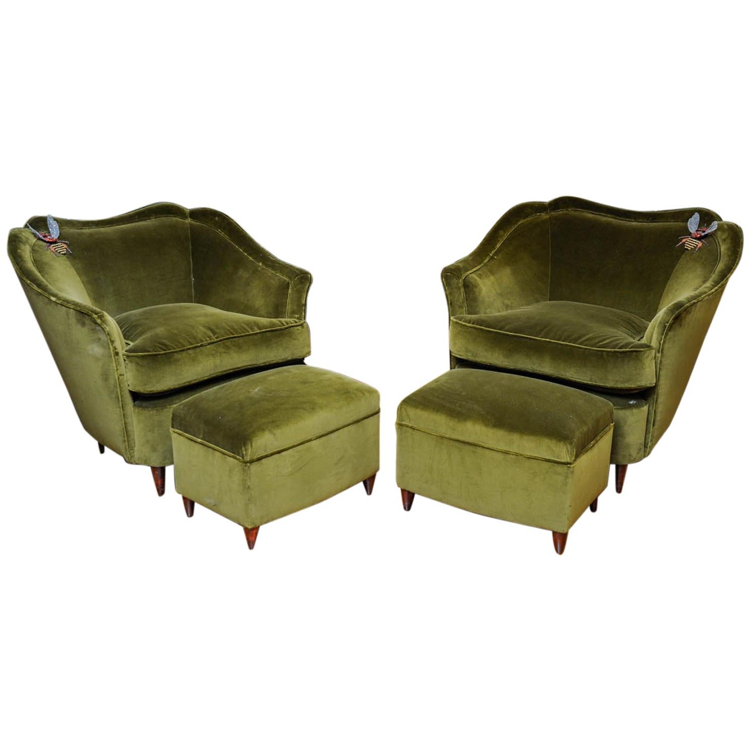 Pair of Vintage Armchairs and Footstools