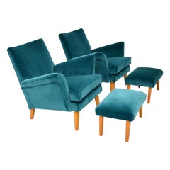 Pair of Vintage Armchairs and Ottomans, circa 1960s