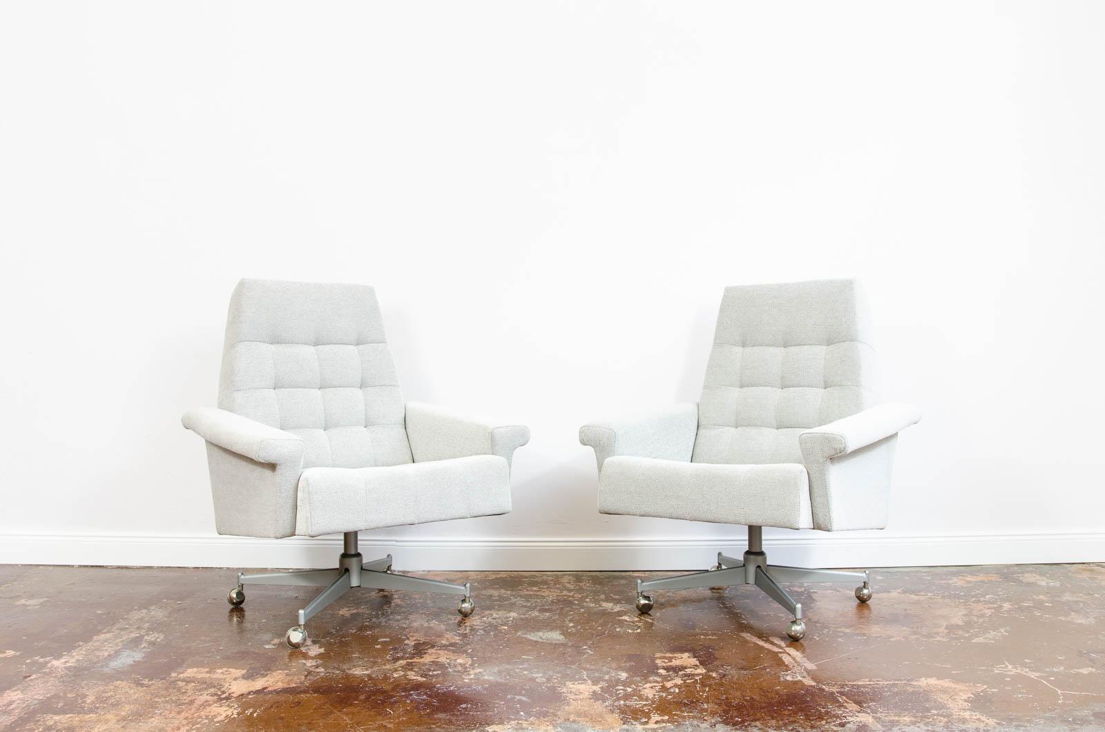 Mid-Century Modern Pair of Vintage Armchairs from UP Závody on Metal Wheels, Czechoslovakia, 1970 For Sale