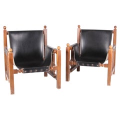 Pair of Vintage Armchairs in Faux Leather and Wood
