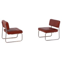 Pair of Vintage Armchairs in Iron and Red Faux Leather