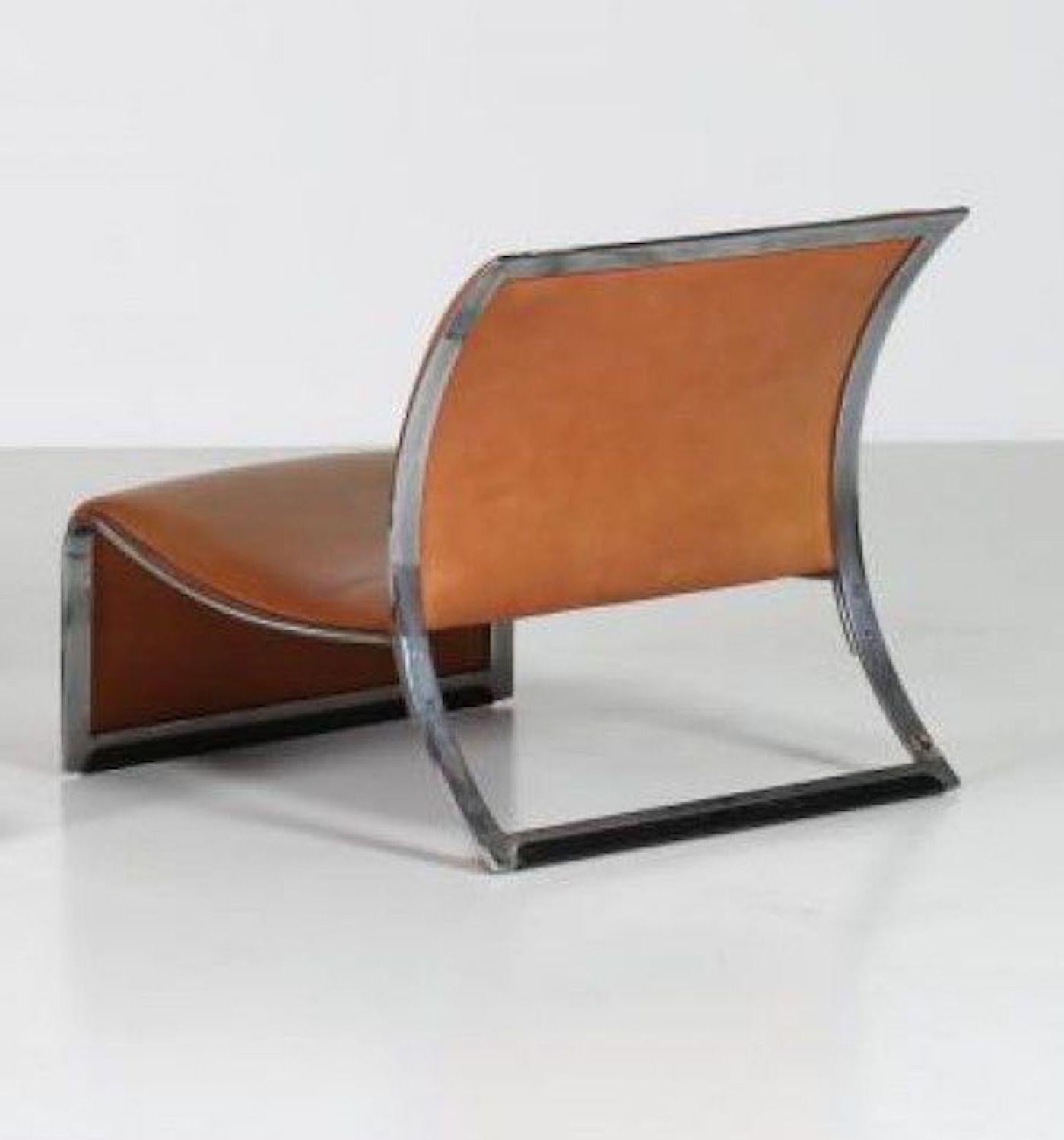 Italian Pair of Vintage Armchairs in Metal and Leather by Vittorio Introini, 1960s