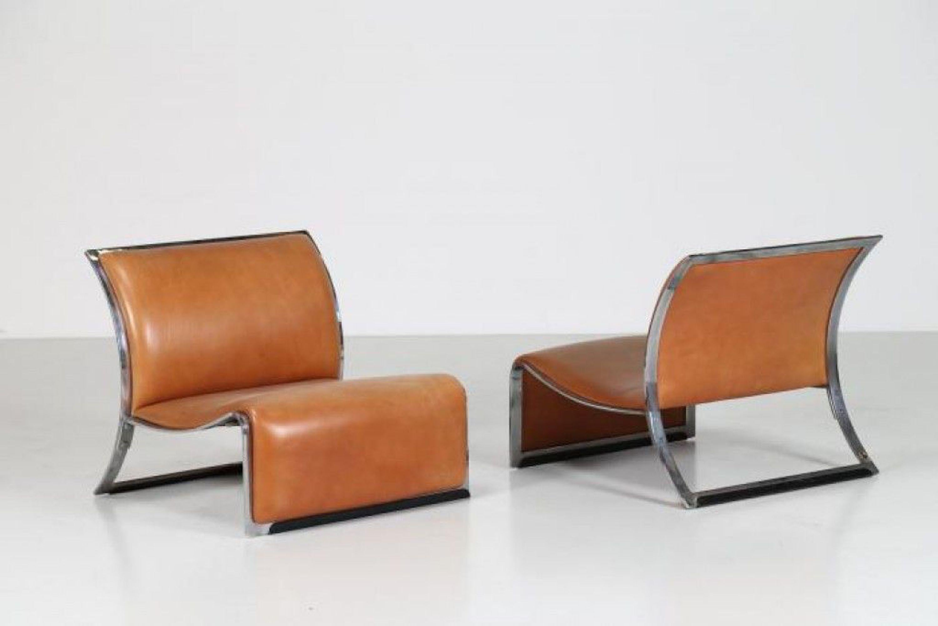 Polychromed Pair of Vintage Armchairs in Metal and Leather by Vittorio Introini, 1960s