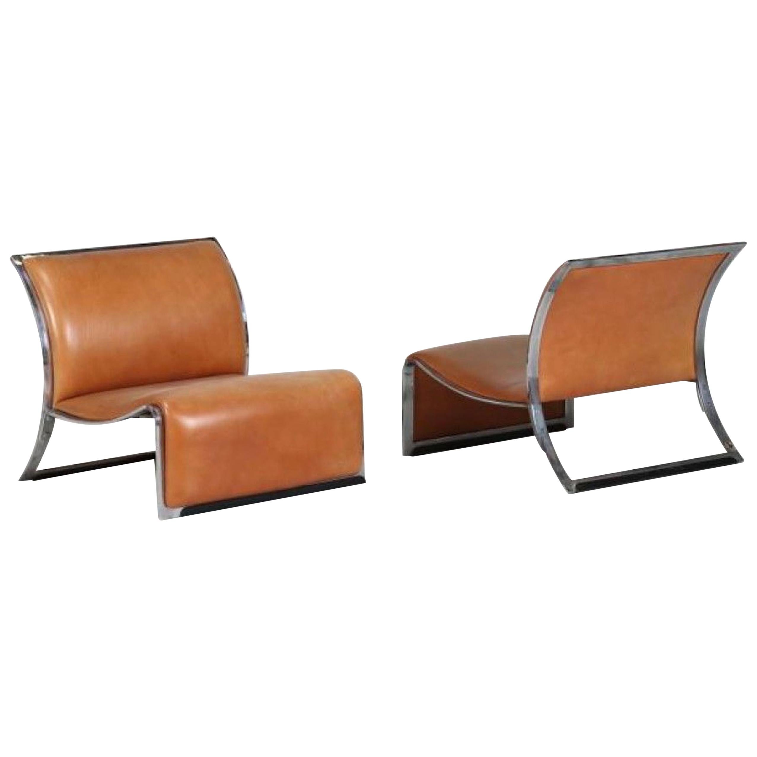 Pair of Vintage Armchairs in Metal and Leather by Vittorio Introini, 1960s