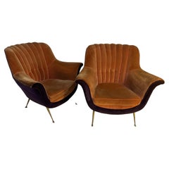 Pair of Vintage Armchairs in Velvet and Bronze Foot, Italy 1950's