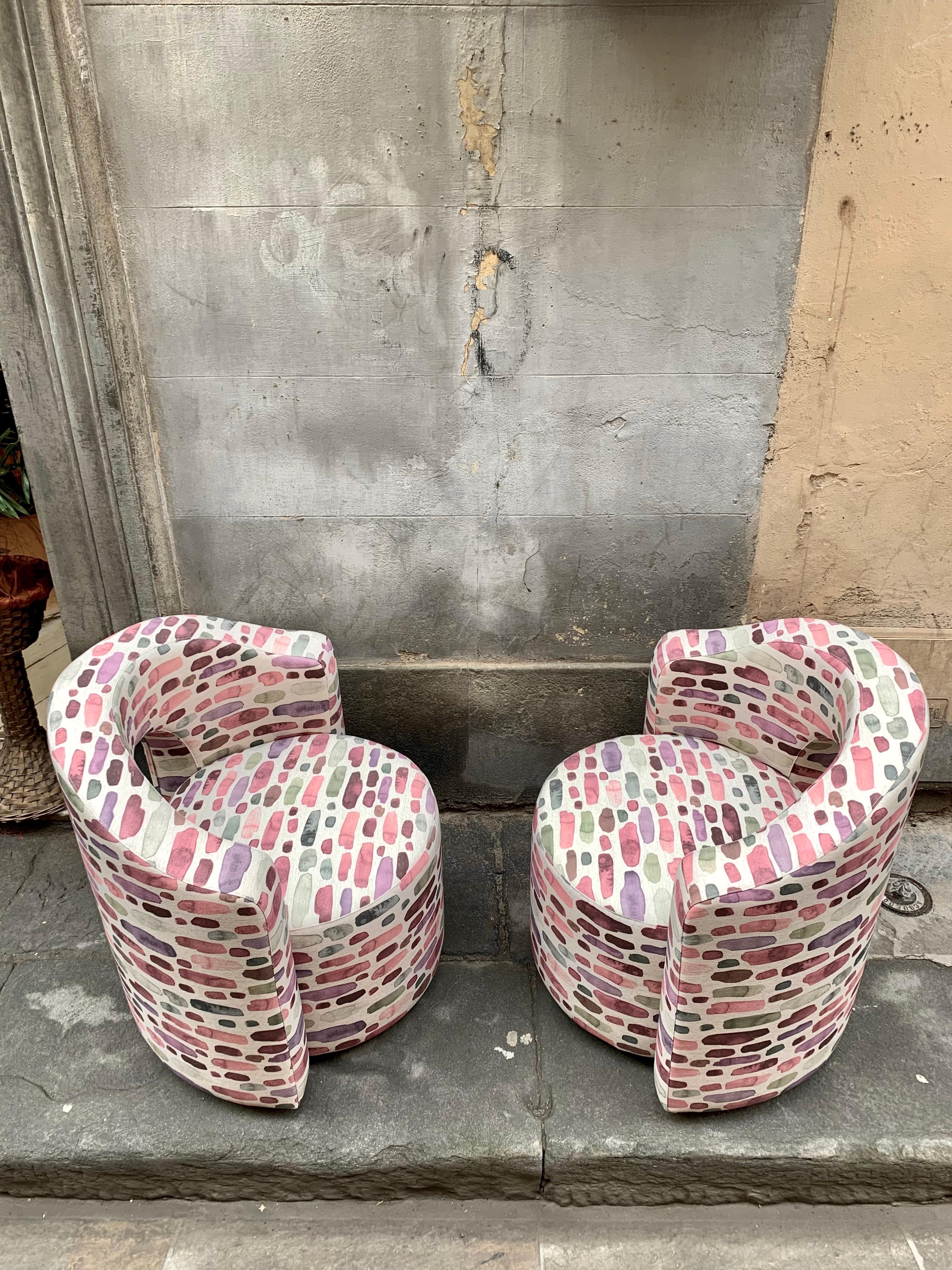 Pair of Vintage Armchairs Newly Upholstered with Fantasy Cotton Fabric, 1970s For Sale 9