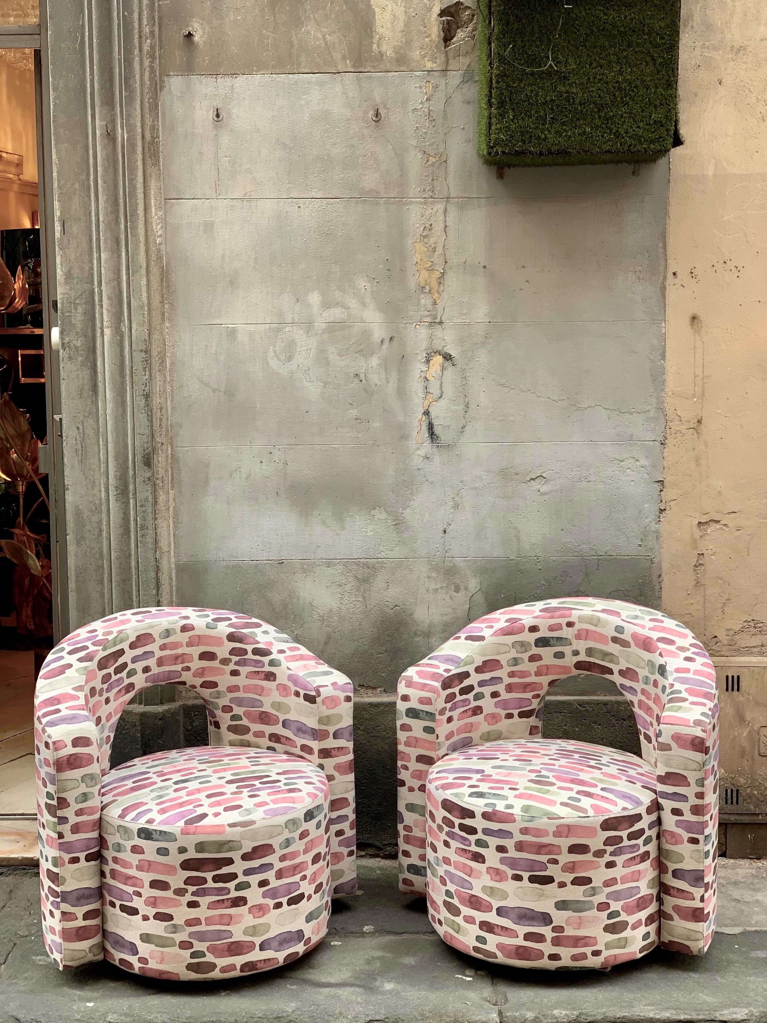 Pair of Vintage Armchairs Newly Upholstered with Fantasy Cotton Fabric, 1970s For Sale 12