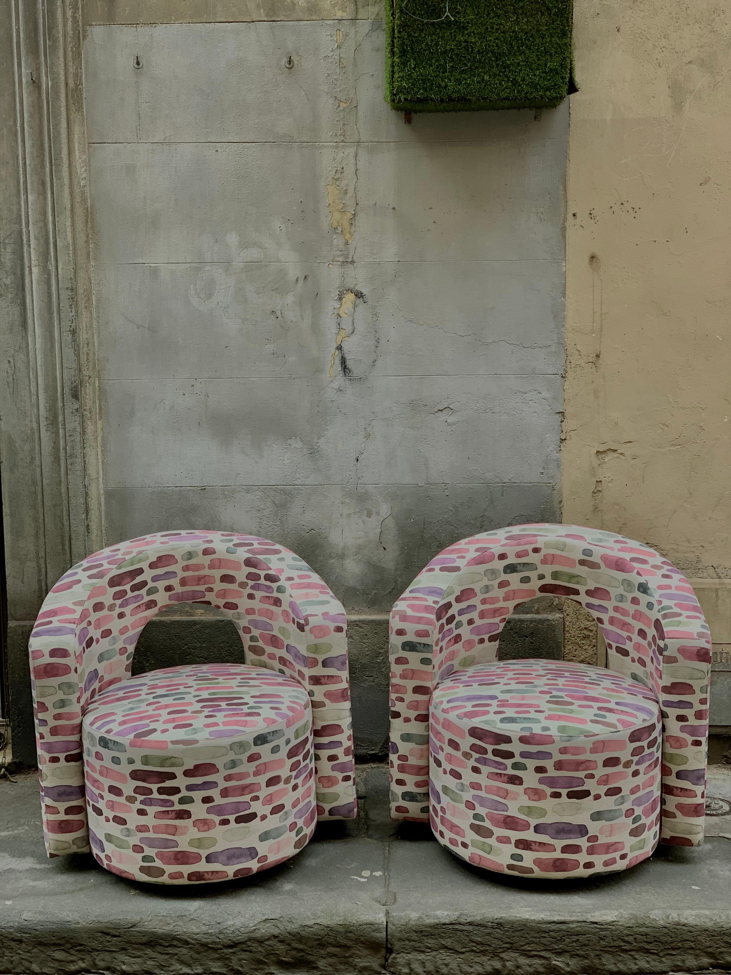 Italian Pair of Vintage Armchairs Newly Upholstered with Fantasy Cotton Fabric, 1970s For Sale