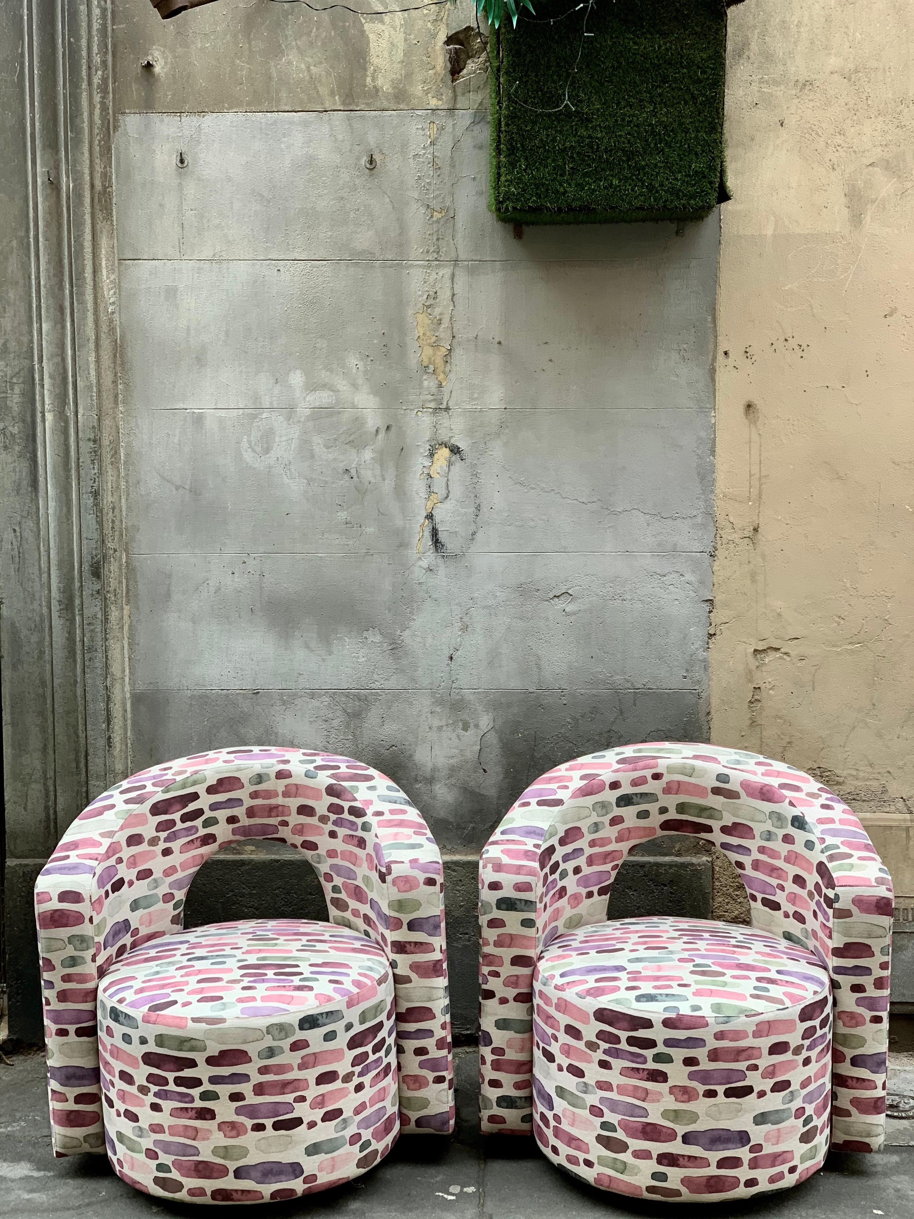 20th Century Pair of Vintage Armchairs Newly Upholstered with Fantasy Cotton Fabric, 1970s For Sale