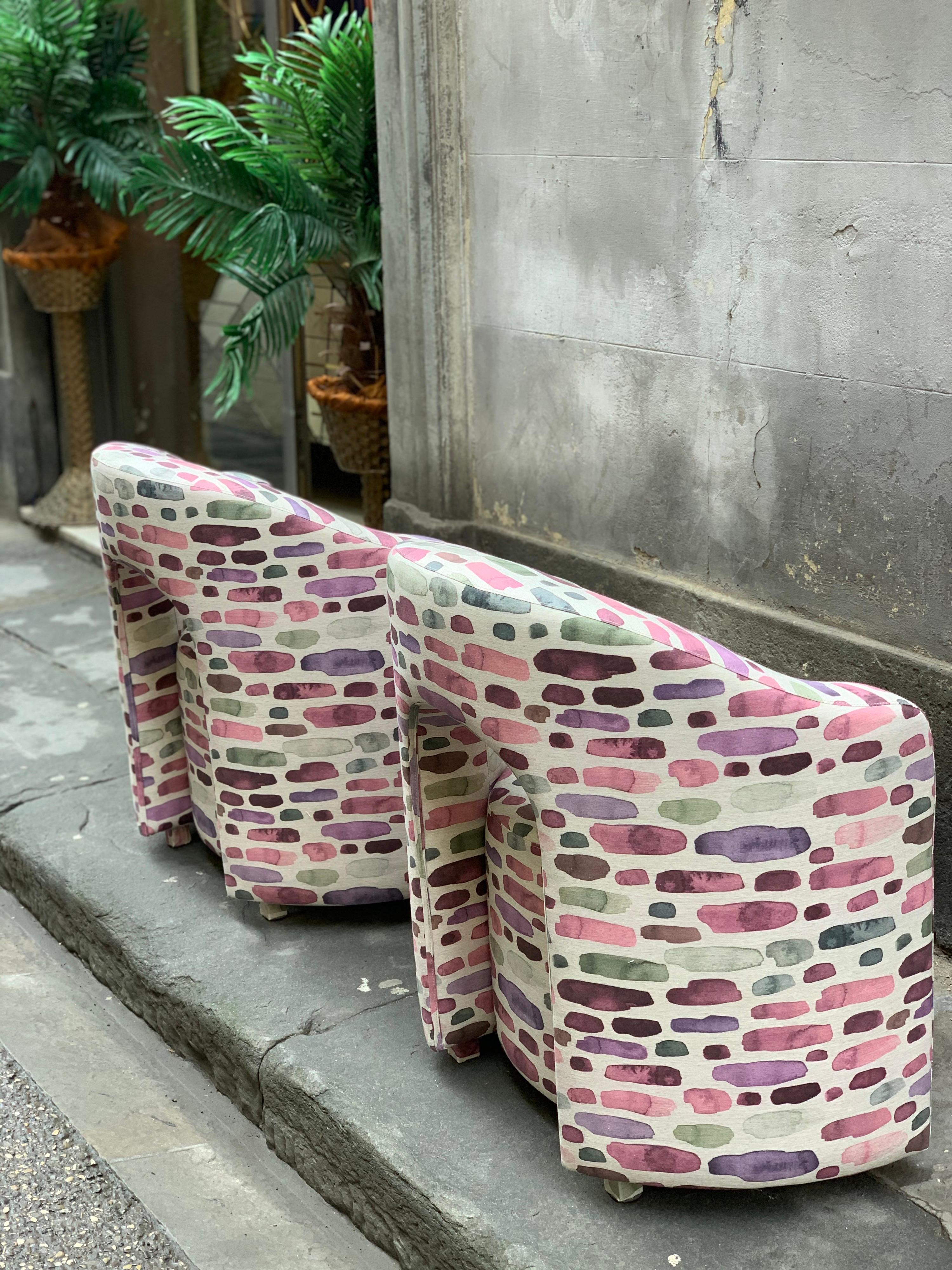 Pair of Vintage Armchairs Newly Upholstered with Fantasy Cotton Fabric, 1970s For Sale 2