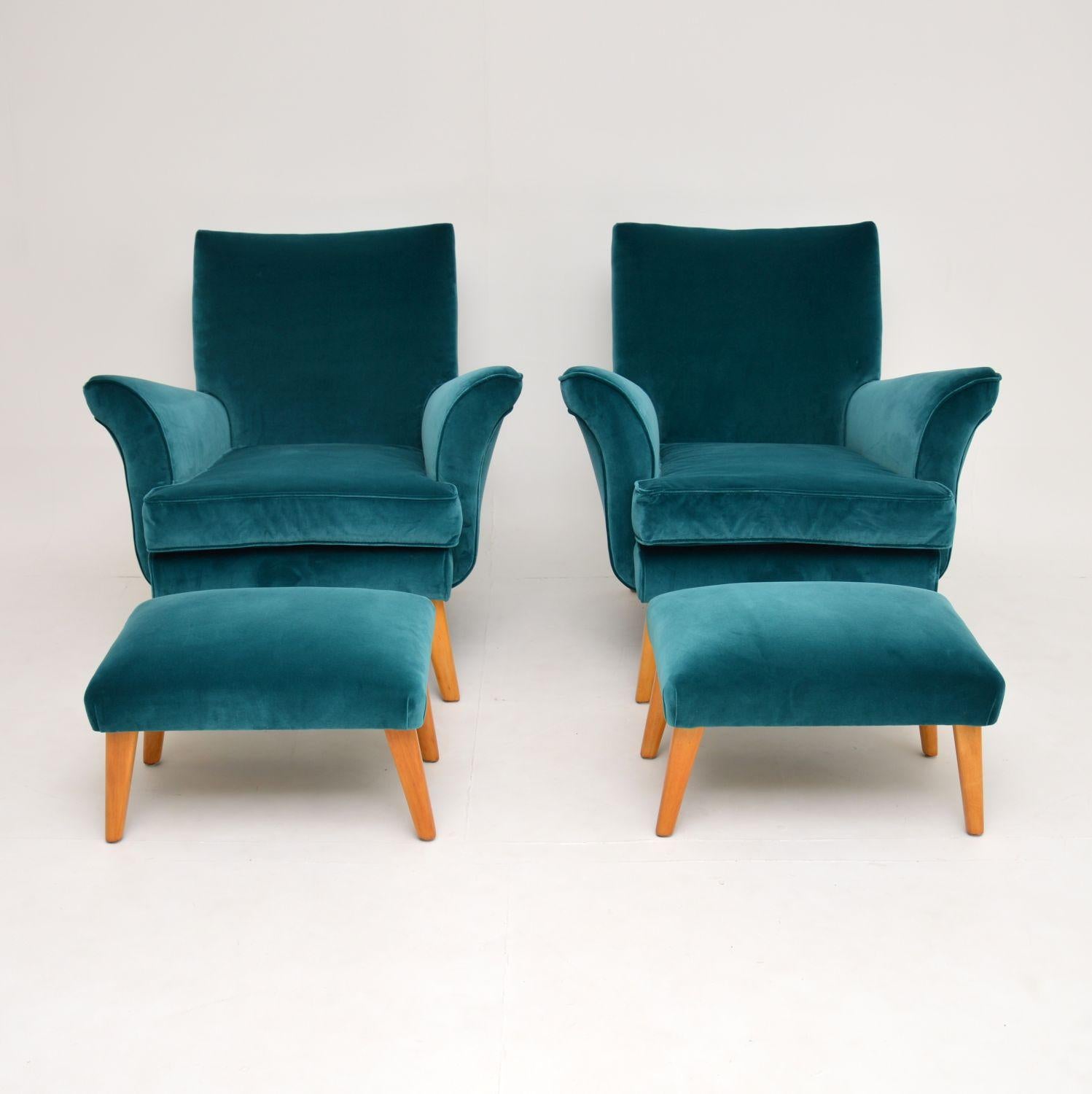 English Pair of Vintage Armchairs and Ottomans, circa 1960s