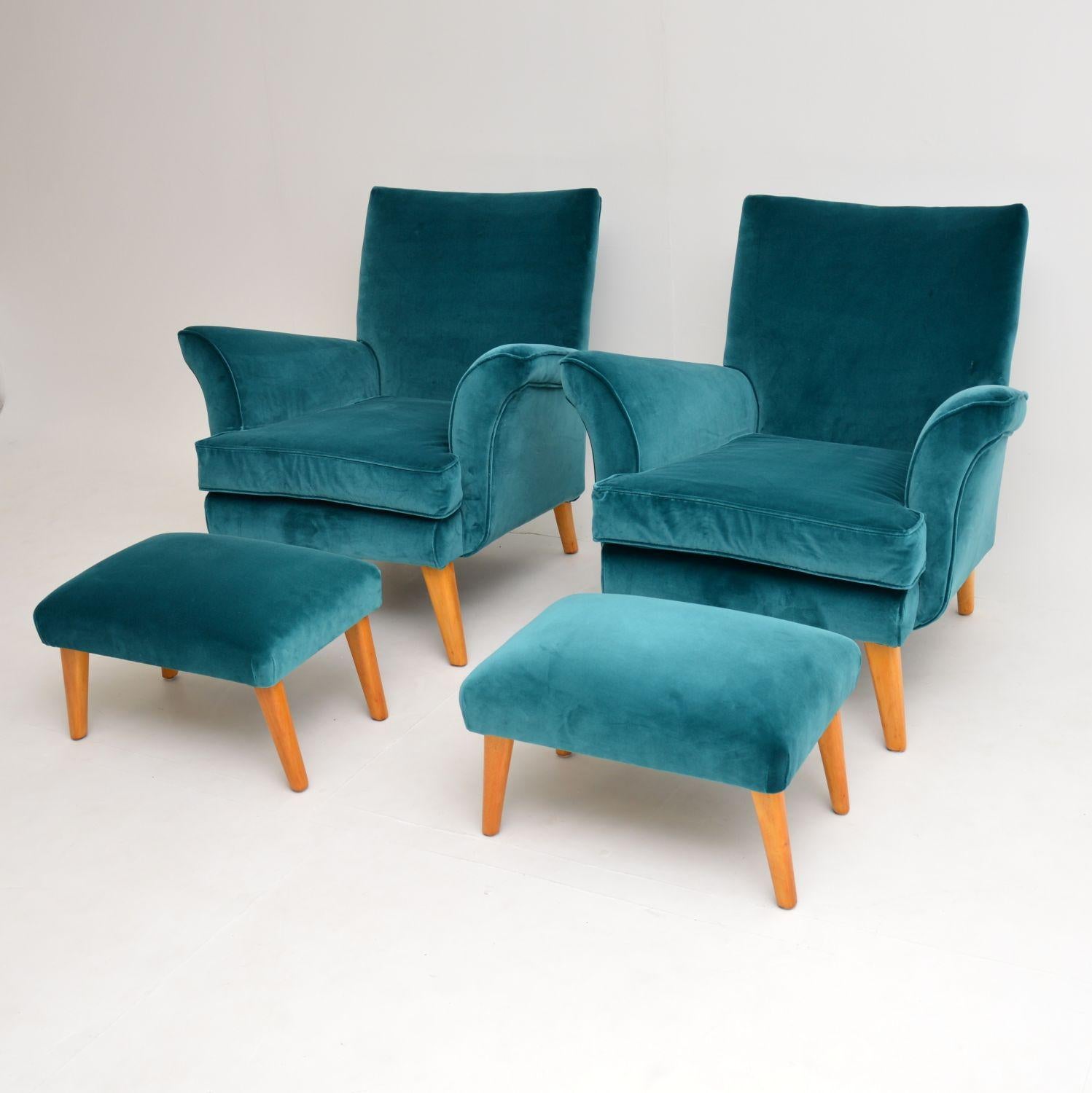 Mid-20th Century Pair of Vintage Armchairs and Ottomans, circa 1960s