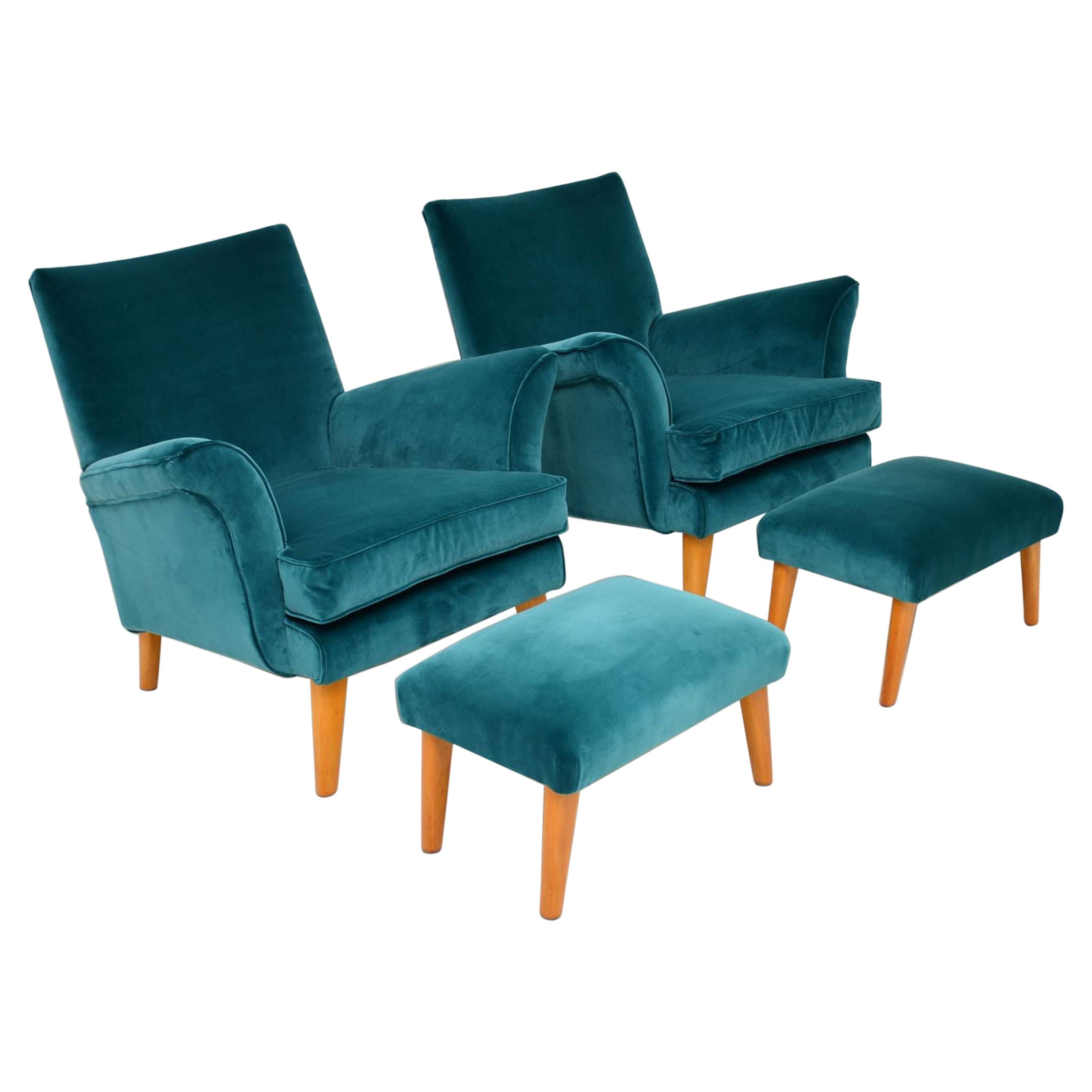 Pair of Vintage Armchairs and Ottomans, circa 1960s