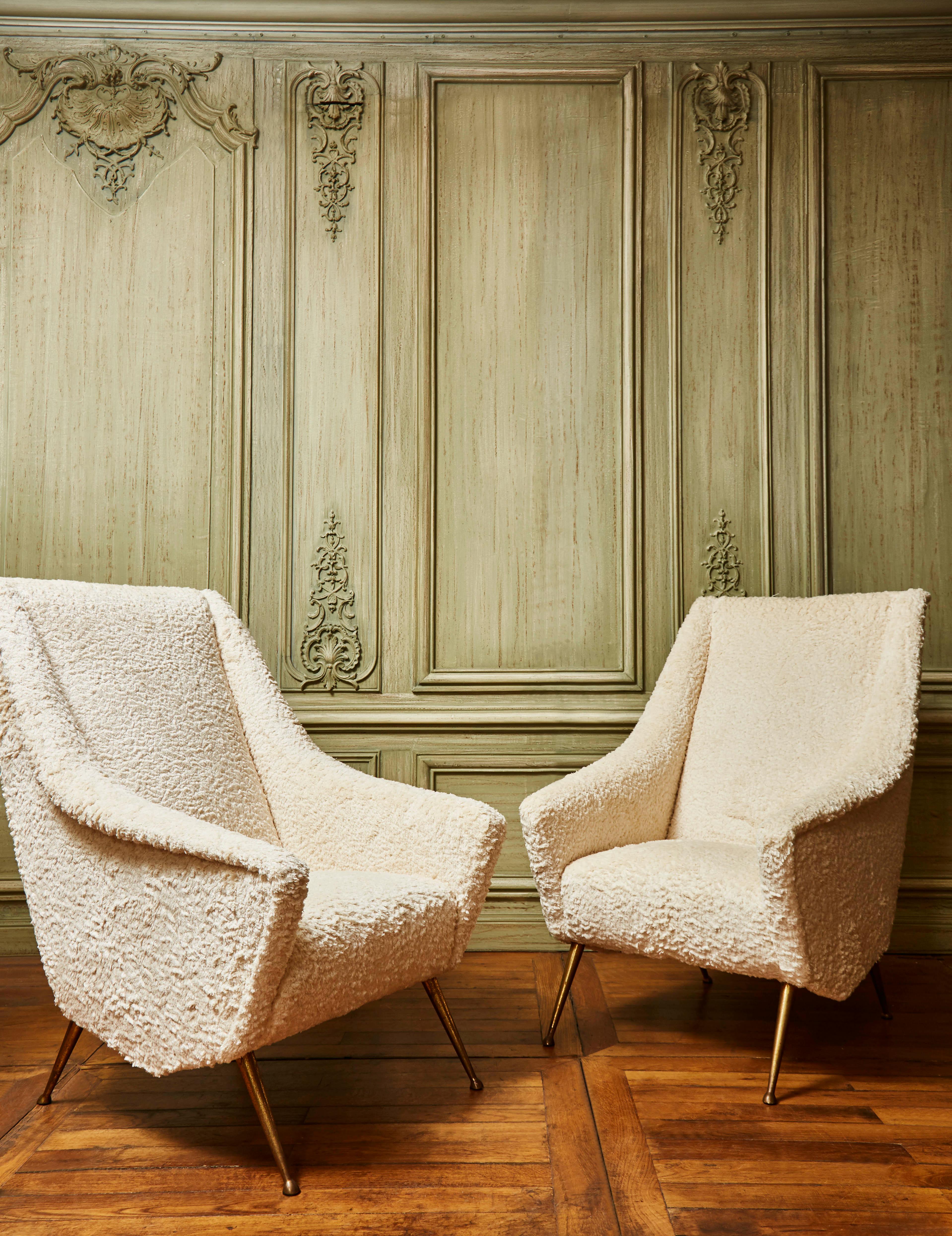 Pair of vintage armchairs restored and upholstered with a fabric by Loro Piana. 4 brass feet, Italy, 1970s.
  