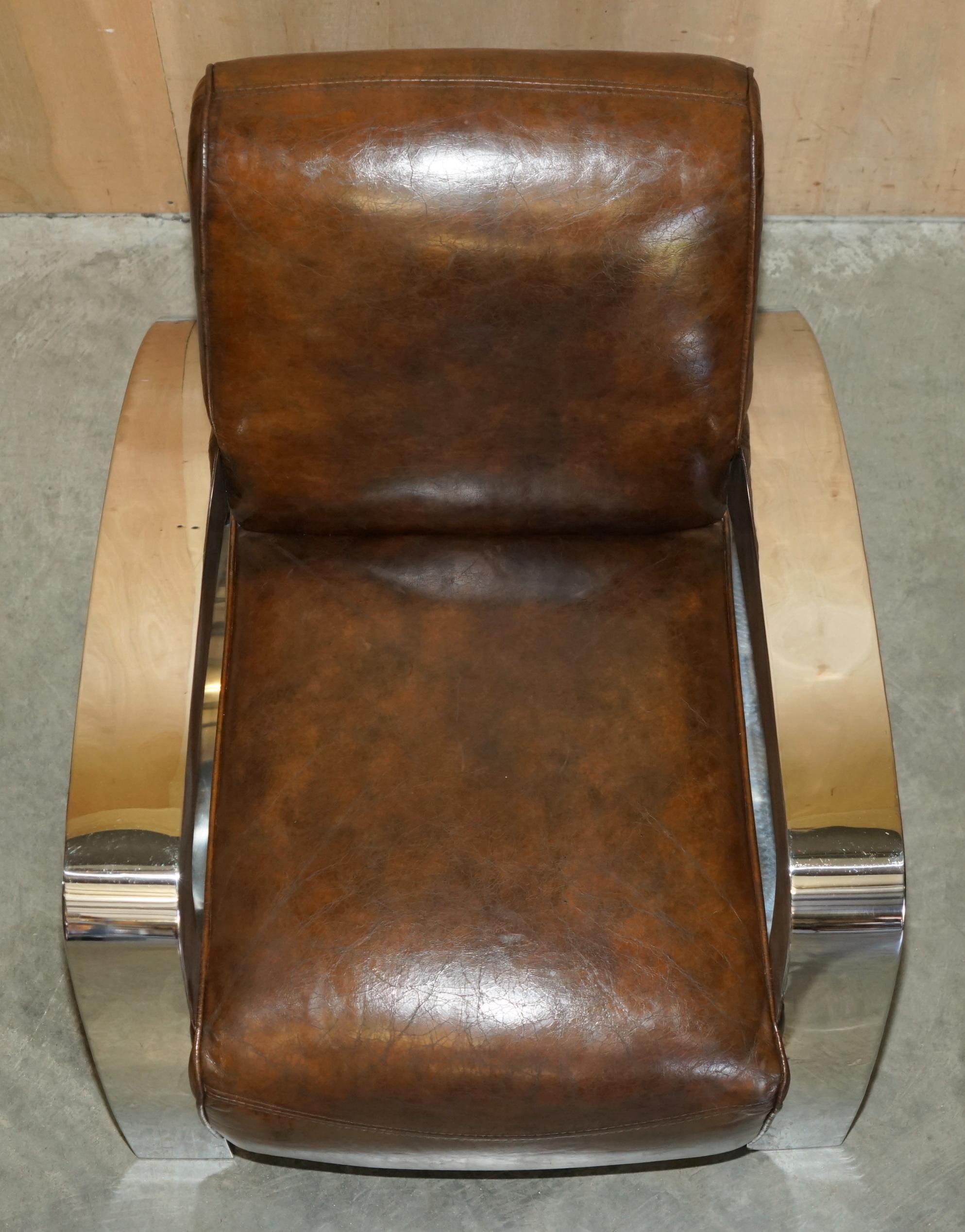 PAIR OF ViNTAGE ART DECO AVIATOR HERITAGE BROWN LEATHER & CHROME ARMCHAIRS 3