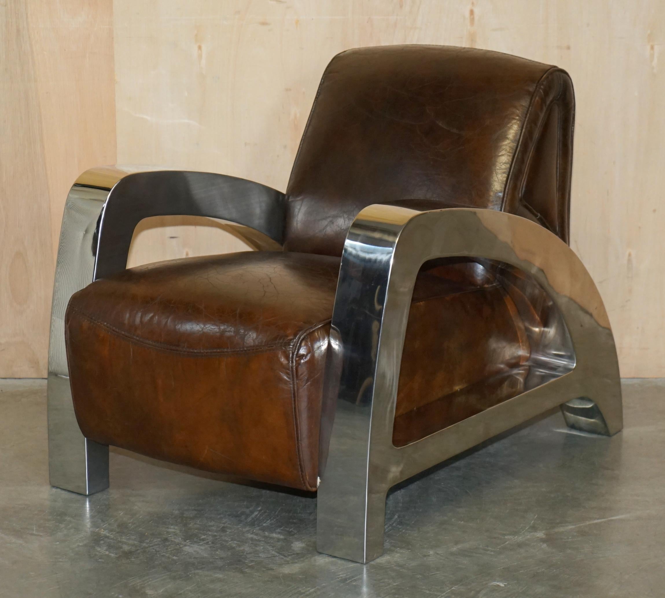 PAIR OF ViNTAGE ART DECO AVIATOR HERITAGE BROWN LEATHER & CHROME ARMCHAIRS 8