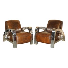 PAIRE D'ART DECO AVIATOR HERITAGE EN CUIR BLEU ET CHROME ARMCHAIRS DE ViNTAGE
