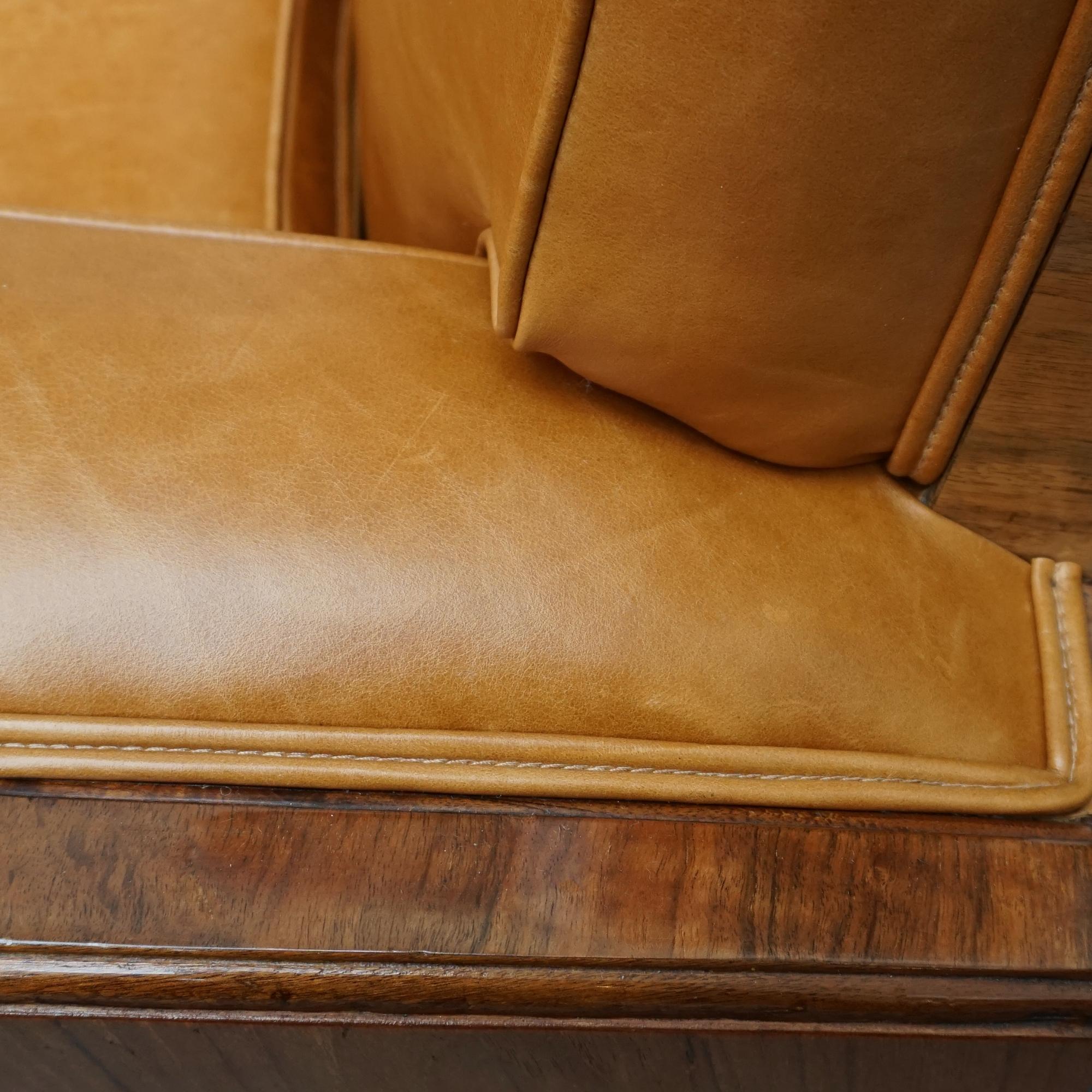 Pair of Vintage Art Deco Club Chairs in Brown Leather with Walnut Veneer 12