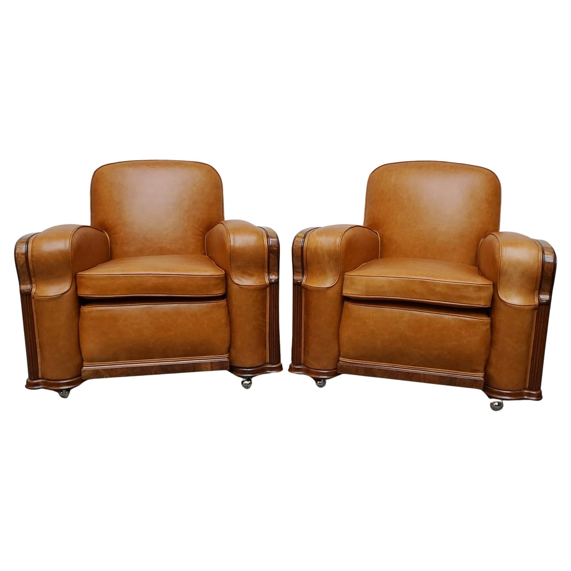 Pair of Vintage Art Deco Club Chairs in Brown Leather with Walnut Veneer