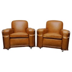 Pair of Vintage Art Deco Club Chairs in Brown Leather with Walnut Veneer
