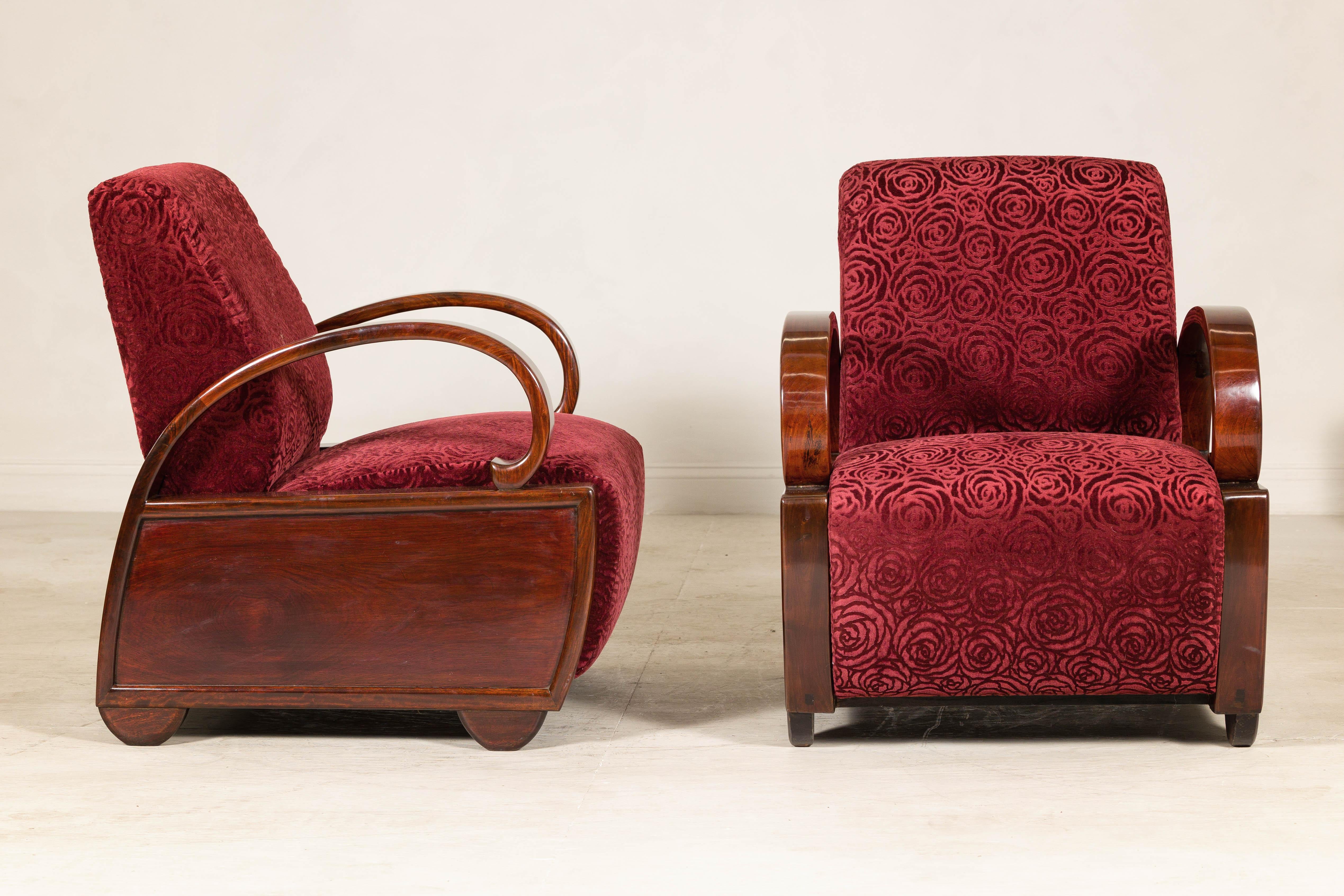 Pair of Vintage Art Deco Club Chairs in Mahogany with Burgundy Rose Upholstery For Sale 5