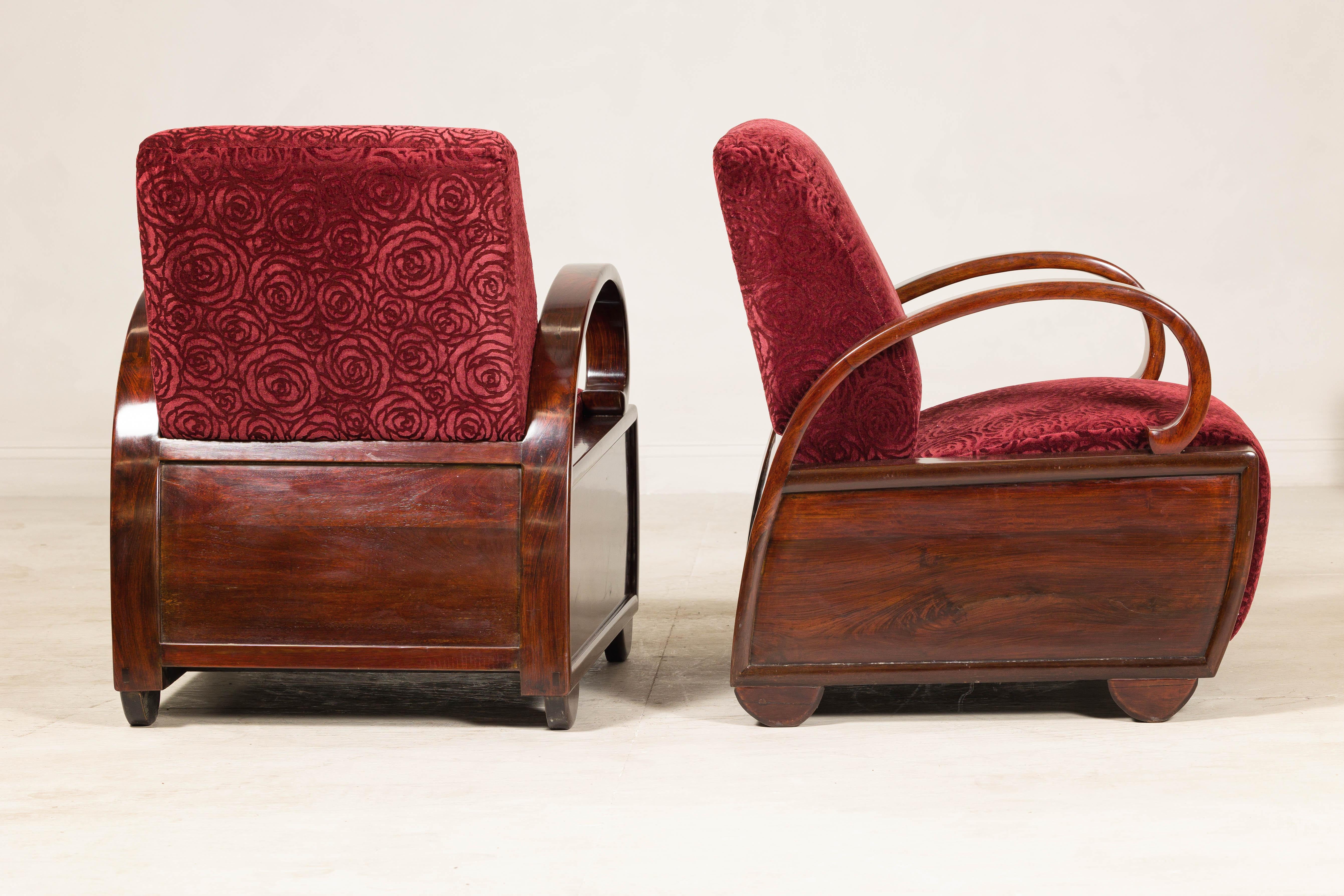 Pair of Vintage Art Deco Club Chairs in Mahogany with Burgundy Rose Upholstery For Sale 6
