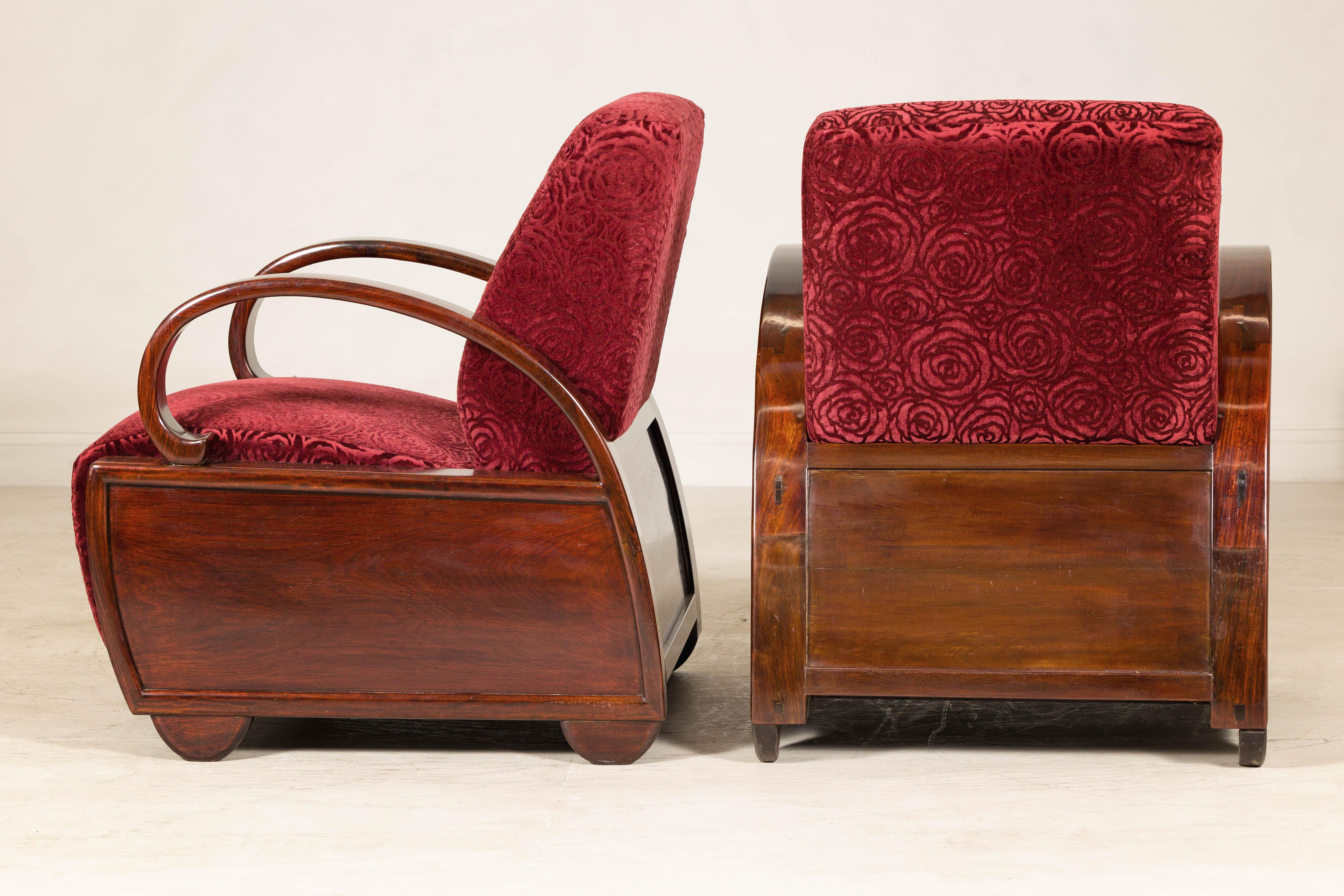 Pair of Vintage Art Deco Club Chairs in Mahogany with Burgundy Rose Upholstery For Sale 7