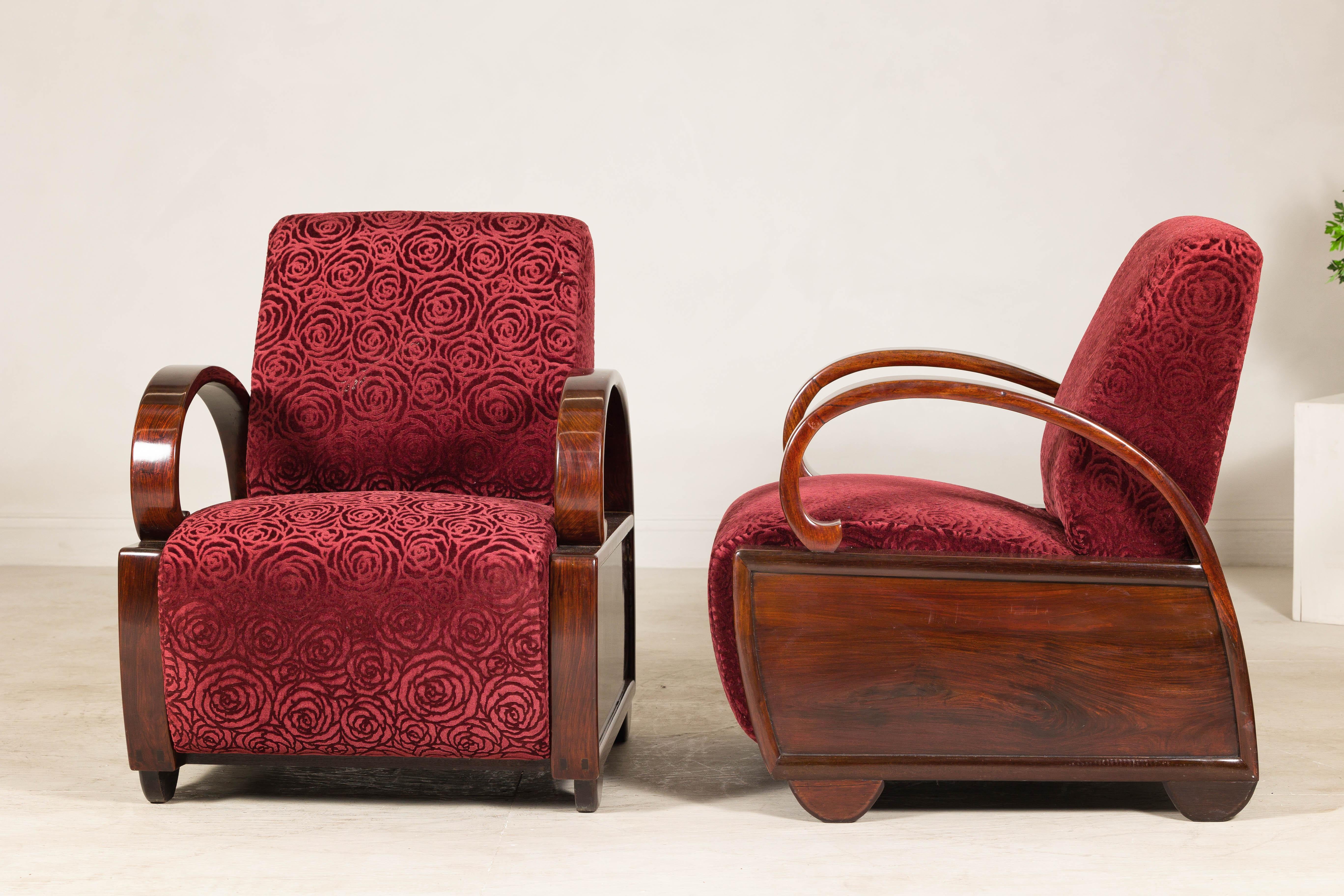 Pair of Vintage Art Deco Club Chairs in Mahogany with Burgundy Rose Upholstery For Sale 8