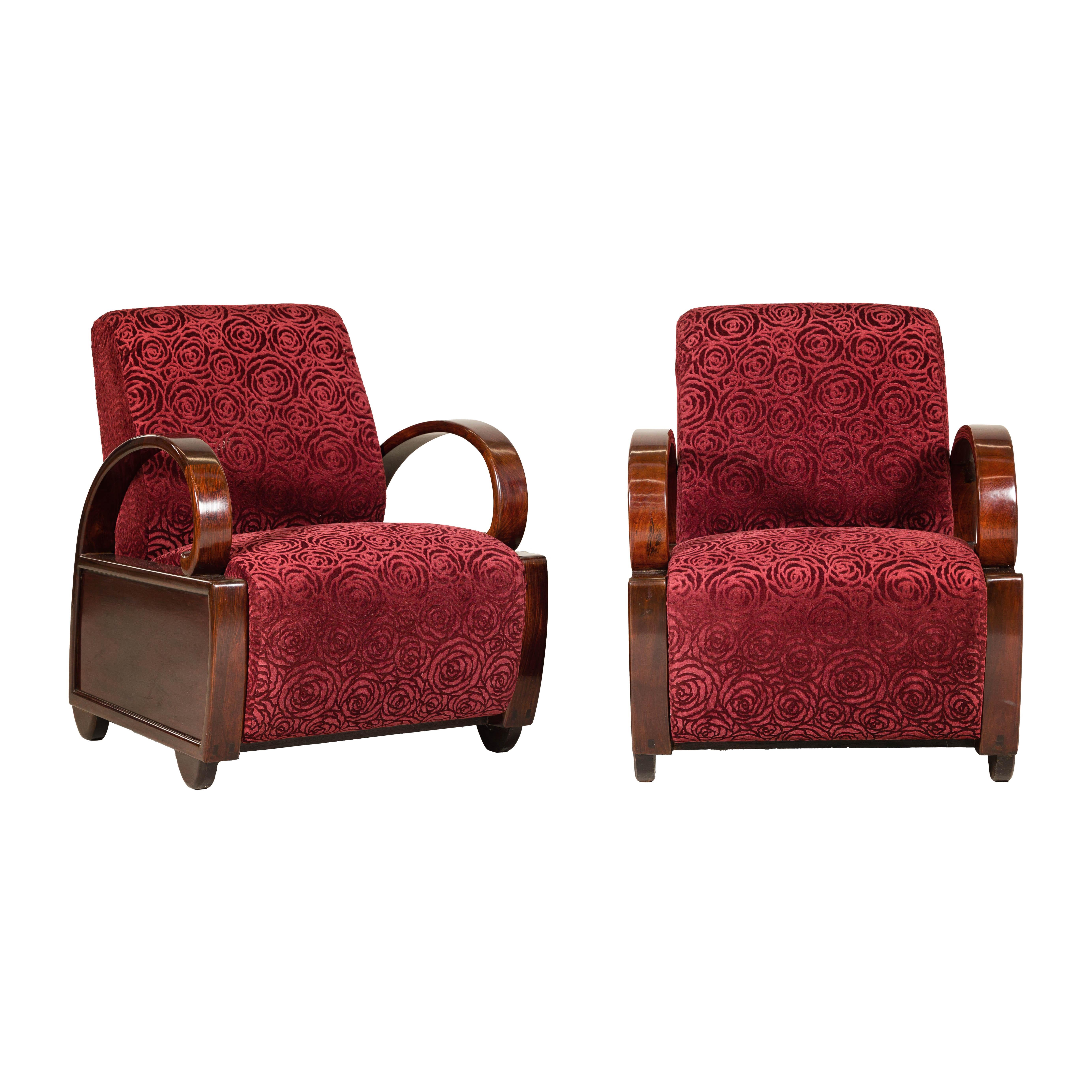 Pair of Vintage Art Deco Club Chairs in Mahogany with Burgundy Rose Upholstery For Sale 9