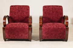 Paar Art-Déco-Clubsessel im Vintage-Stil aus Mahagoni mit burgunderroter Rosenpolsterung