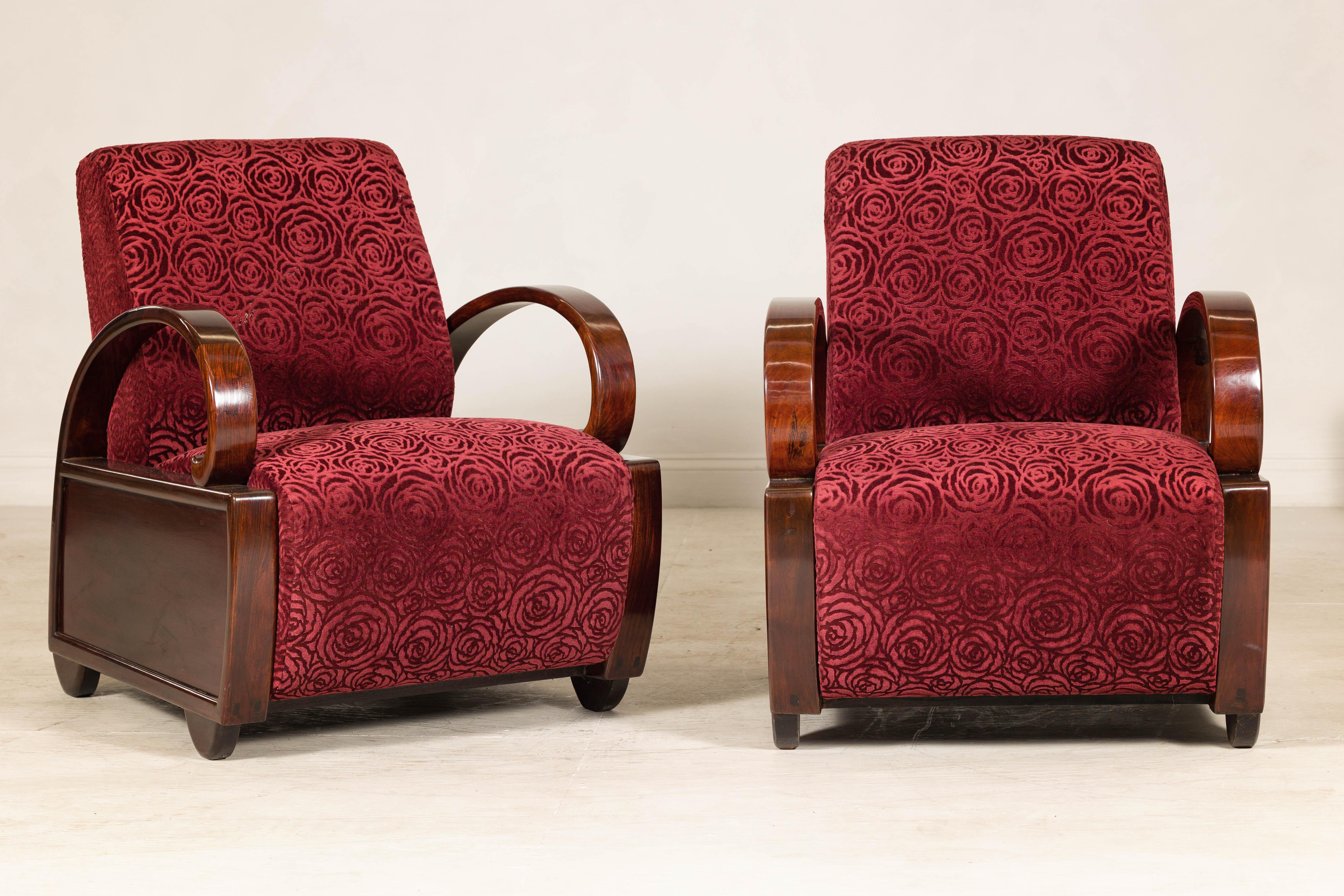 20th Century Pair of Vintage Art Deco Club Chairs in Mahogany with Burgundy Rose Upholstery For Sale