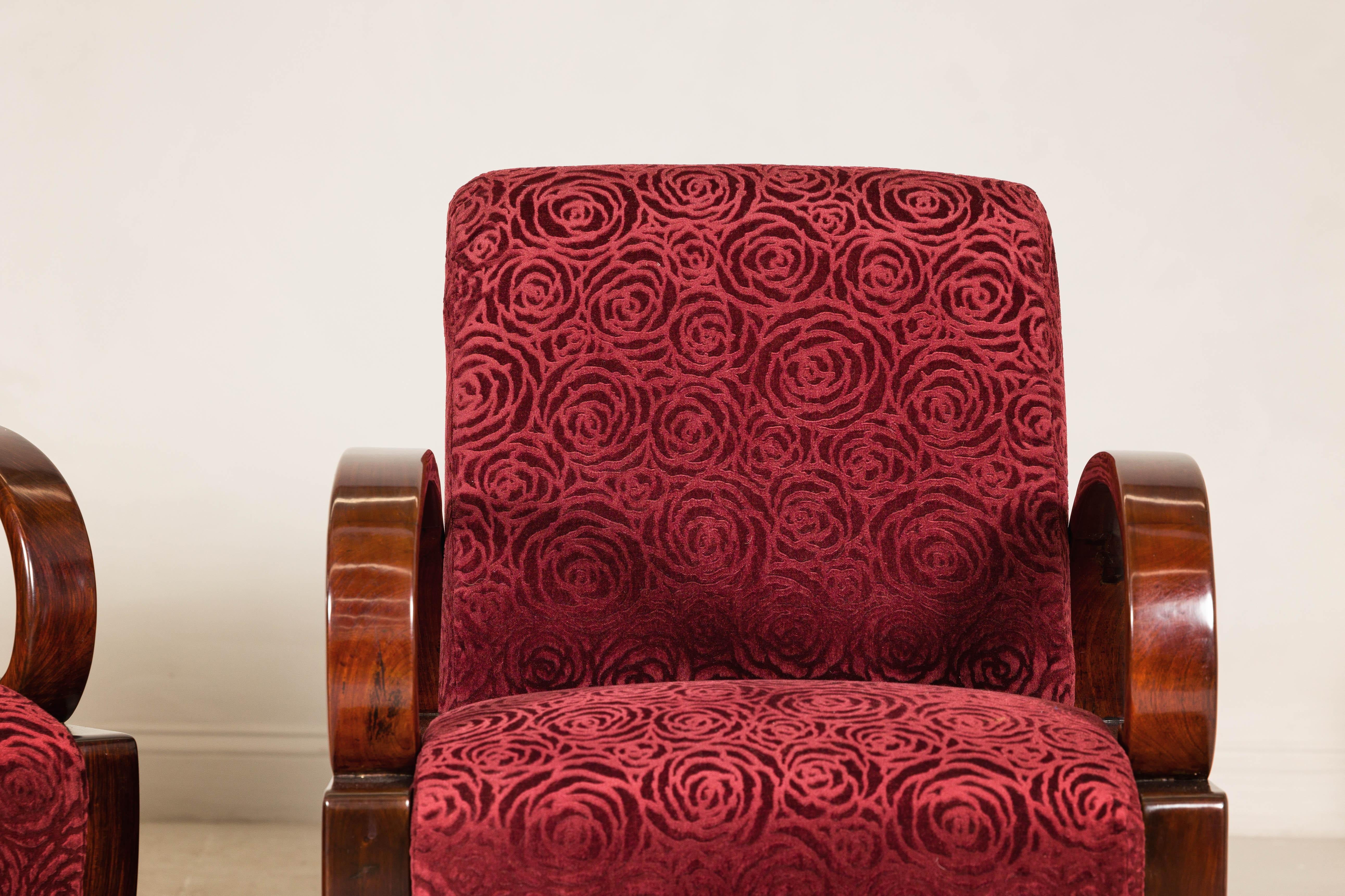 Fabric Pair of Vintage Art Deco Club Chairs in Mahogany with Burgundy Rose Upholstery For Sale