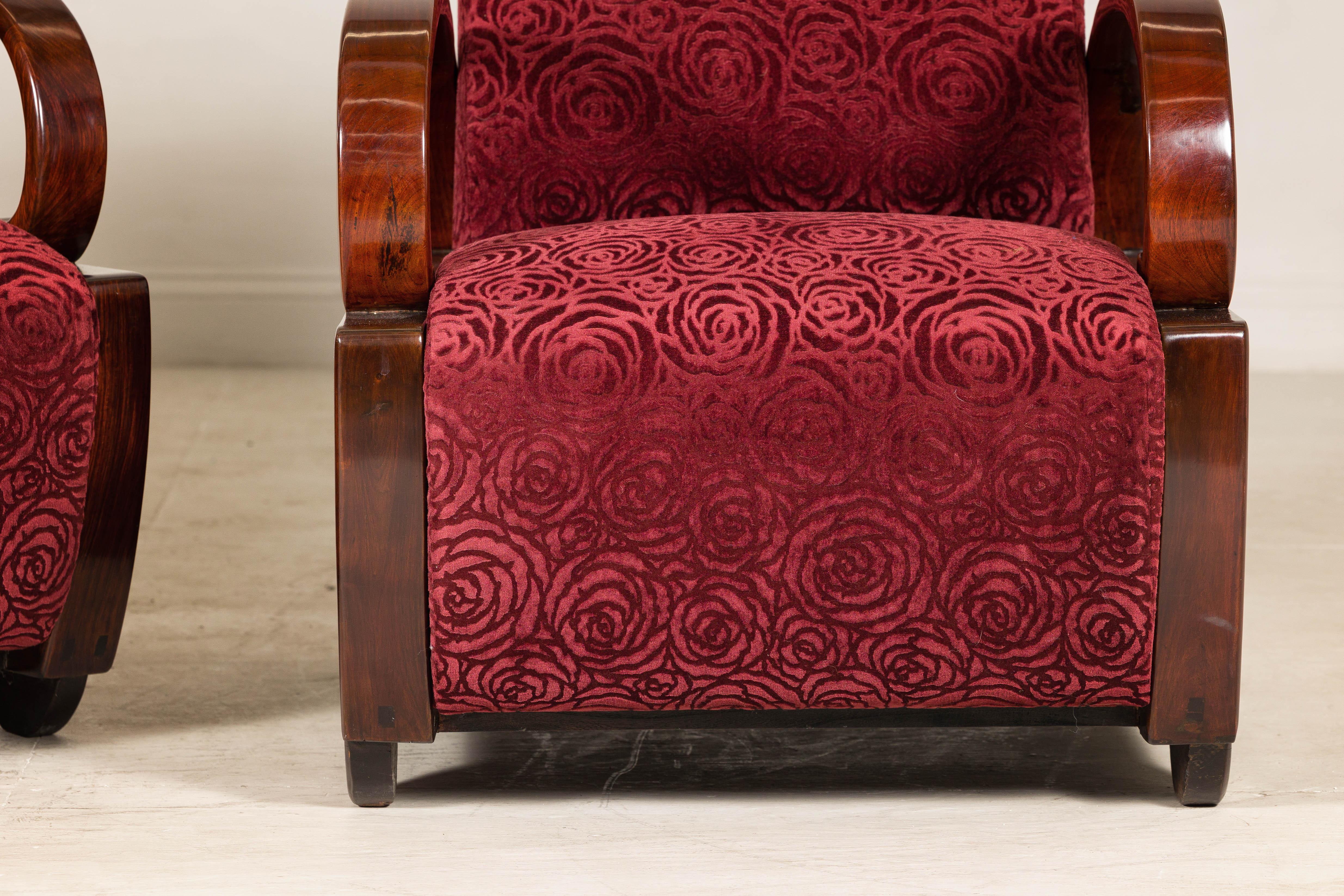 Pair of Vintage Art Deco Club Chairs in Mahogany with Burgundy Rose Upholstery For Sale 1