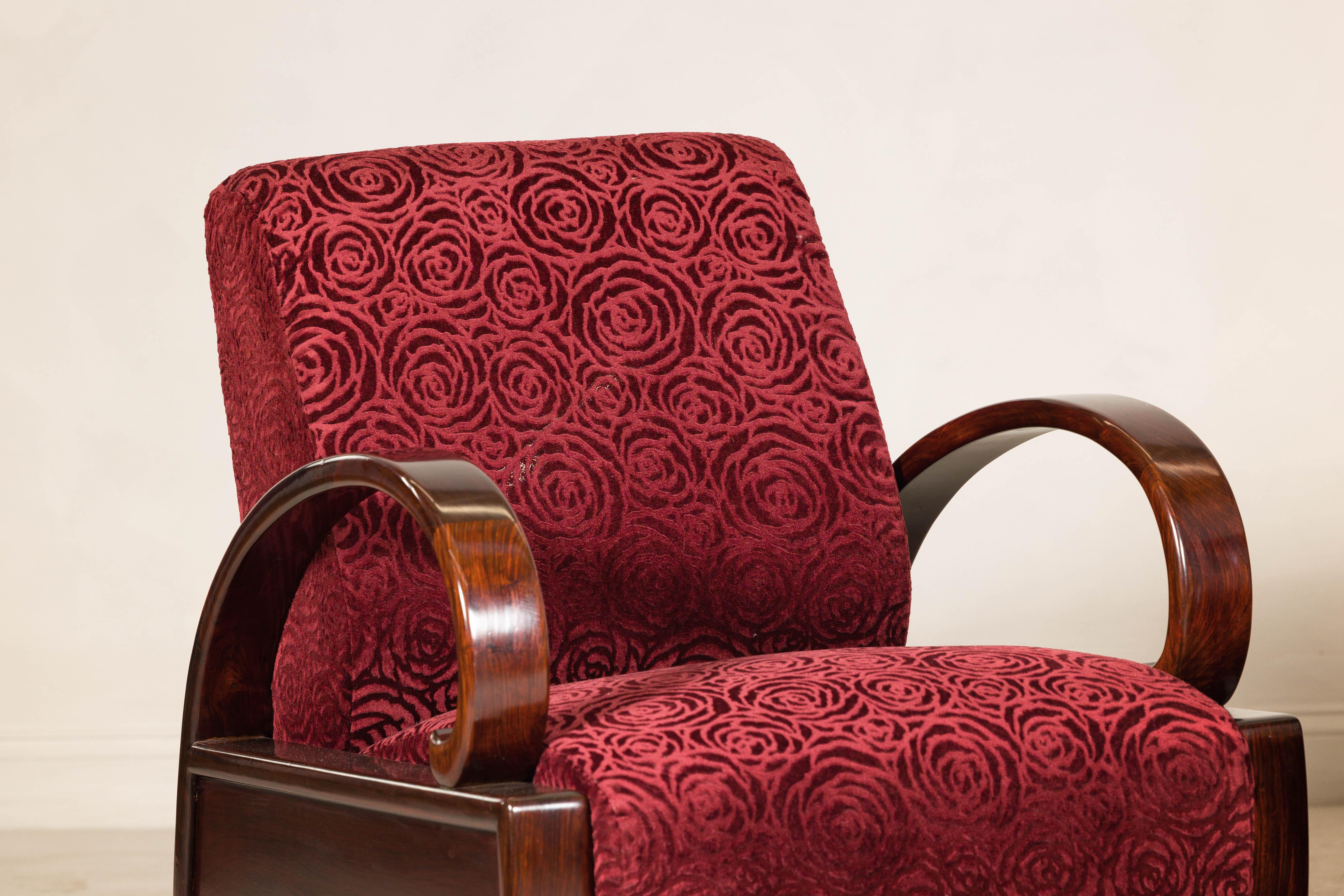 Pair of Vintage Art Deco Club Chairs in Mahogany with Burgundy Rose Upholstery For Sale 2