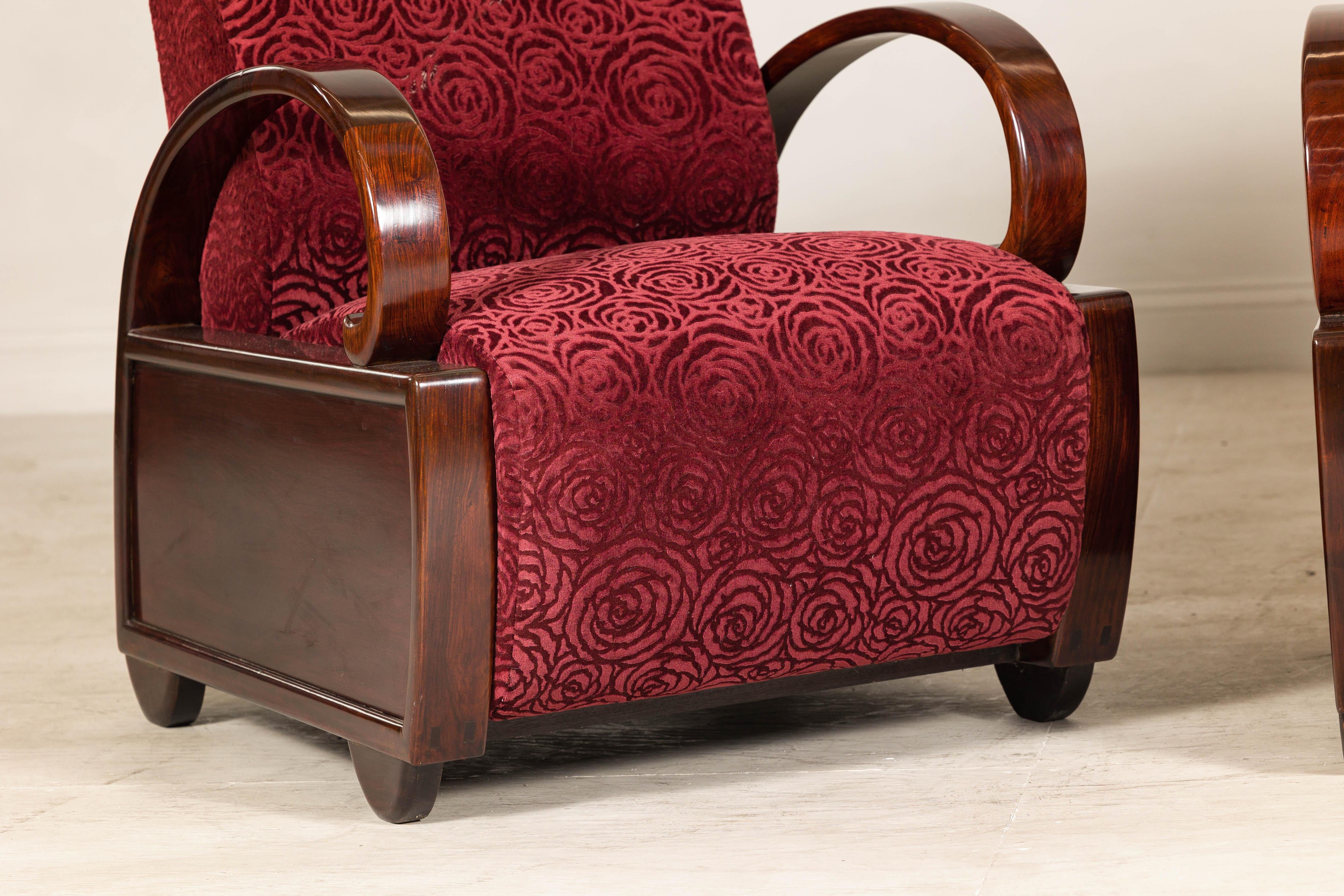 Pair of Vintage Art Deco Club Chairs in Mahogany with Burgundy Rose Upholstery For Sale 3