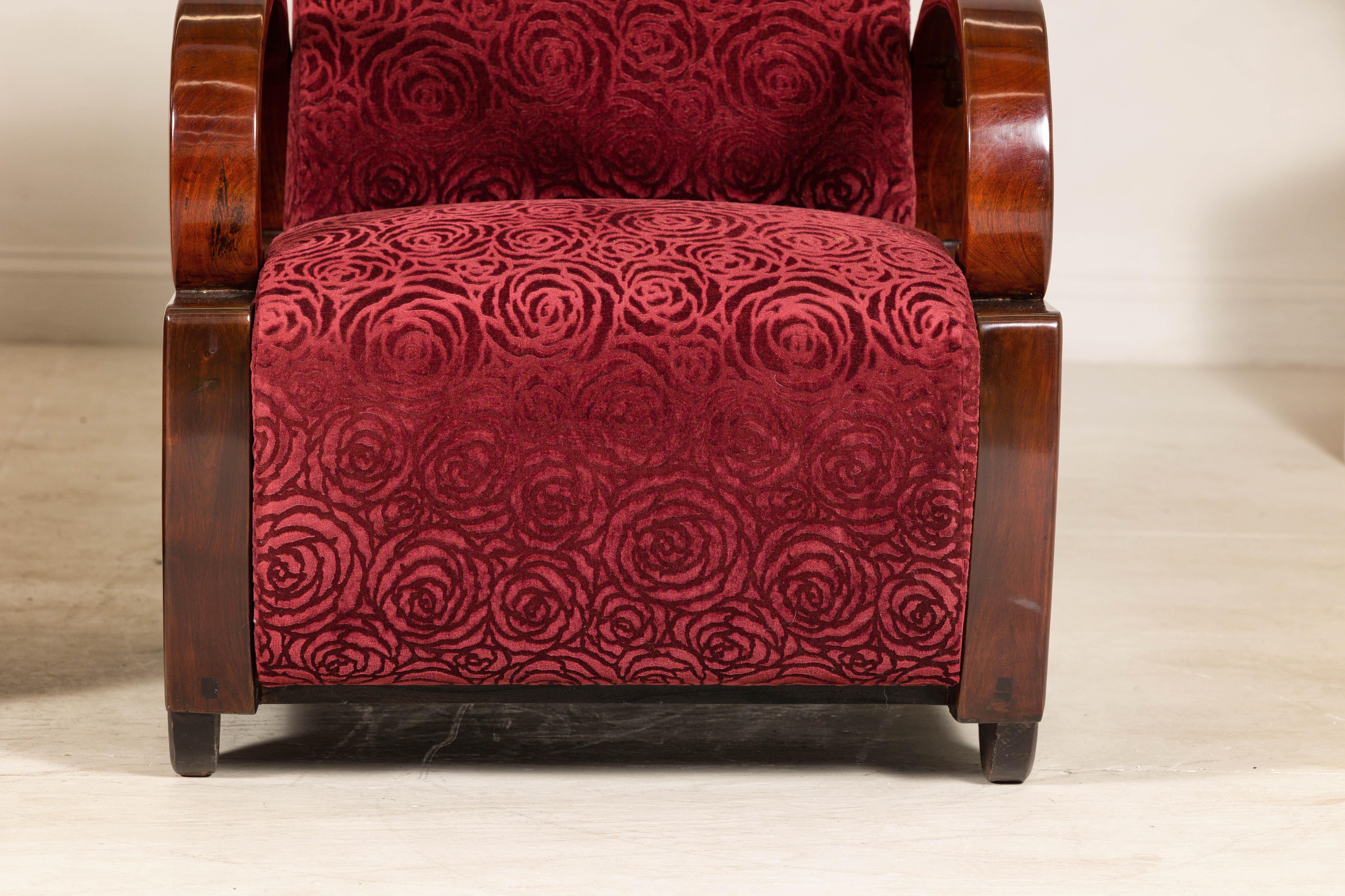 Pair of Vintage Art Deco Club Chairs in Mahogany with Burgundy Rose Upholstery For Sale 4