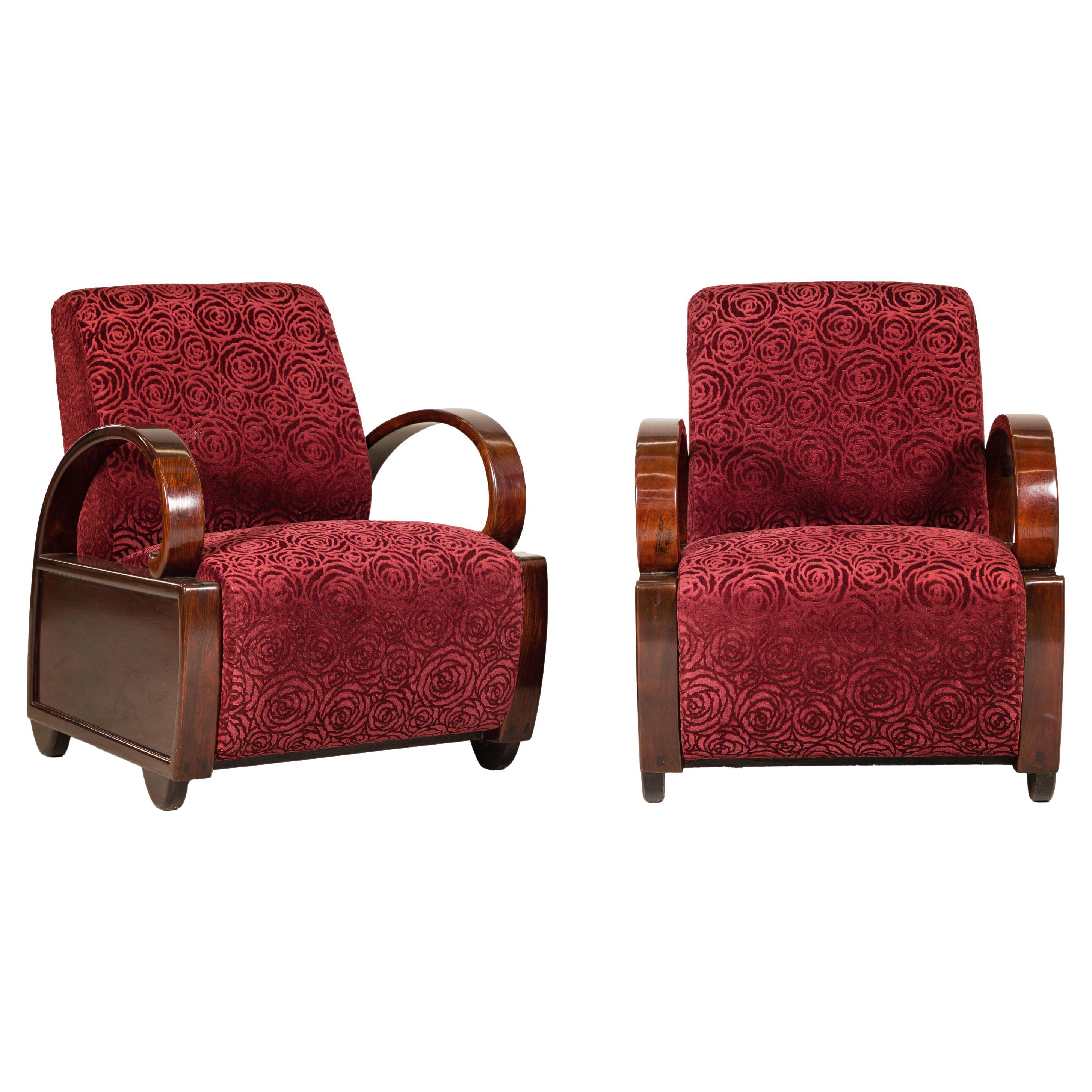Pair of Vintage Art Deco Club Chairs in Mahogany with Burgundy Rose Upholstery