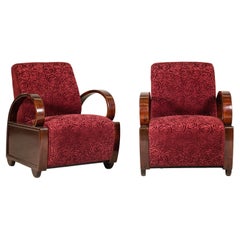 Paar Art-Déco-Clubsessel im Vintage-Stil aus Mahagoni mit burgunderroter Rosenpolsterung