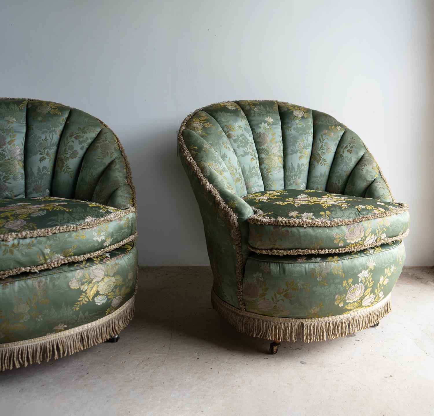 Pair Of Vintage Art Deco Cocktail Chairs With Chinoiserie Satin Upholstery For Sale 5
