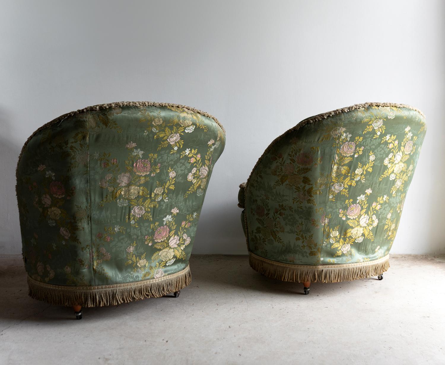 Pair Of Vintage Art Deco Cocktail Chairs With Chinoiserie Satin Upholstery For Sale 7