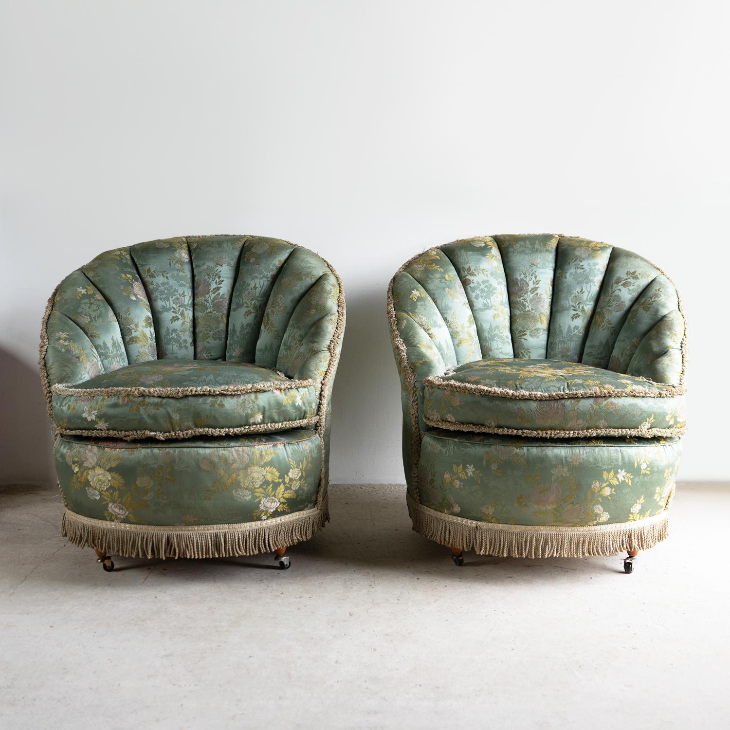 A PAIR OF VINTAGE CLOUD-BACKED TUB ARMCHAIRS

Very comfortable and extremely pretty.

Would work equally well as boudoir/bedroom chairs or as cocktail chairs in a living room.

Sumptuous embroidered satin upholstery in the chinoiserie taste with