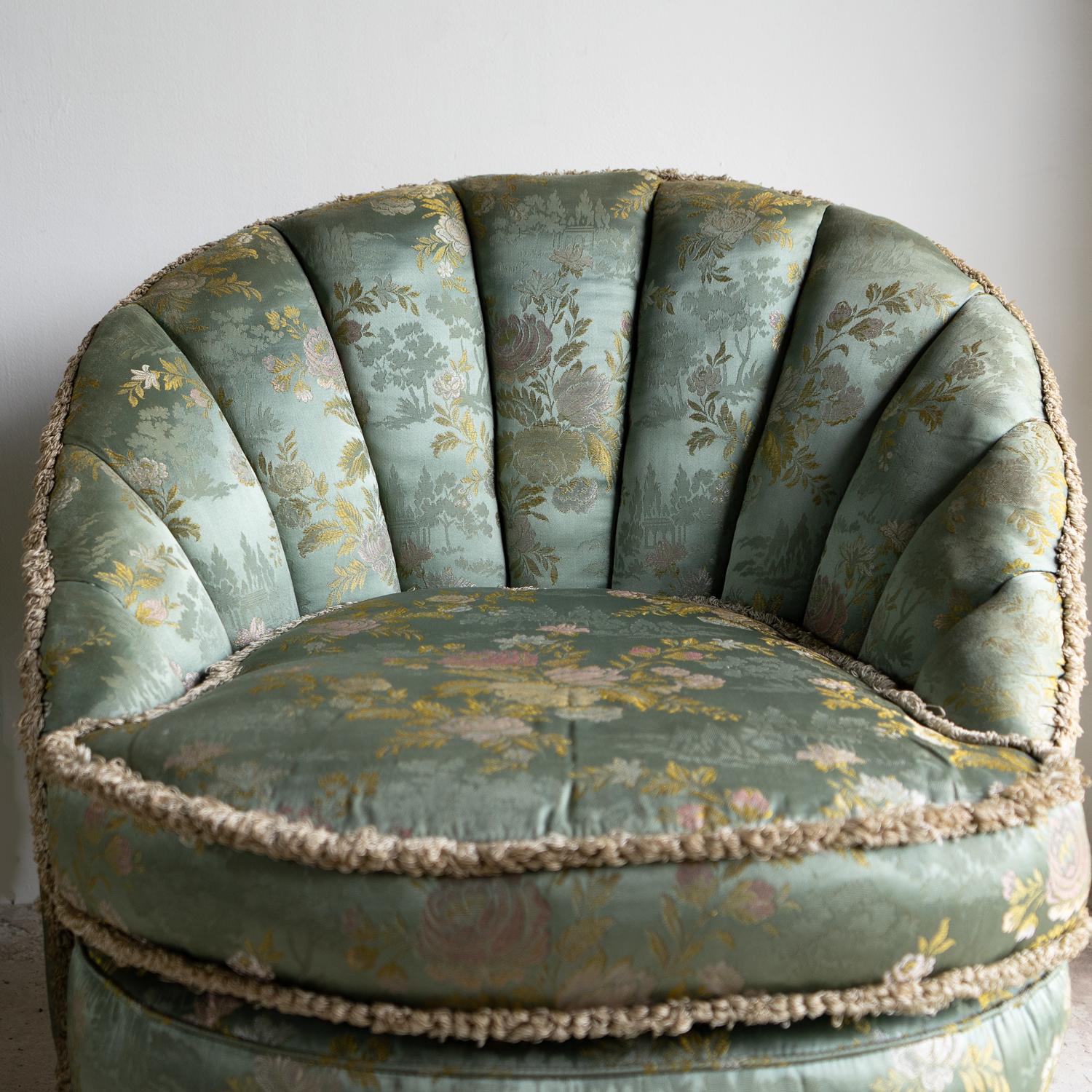 Hand-Crafted Pair Of Vintage Art Deco Cocktail Chairs With Chinoiserie Satin Upholstery For Sale