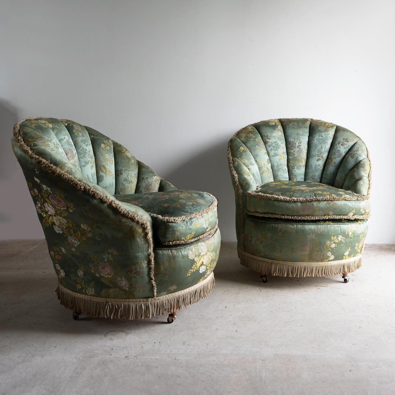 Pair Of Vintage Art Deco Cocktail Chairs With Chinoiserie Satin Upholstery For Sale 1