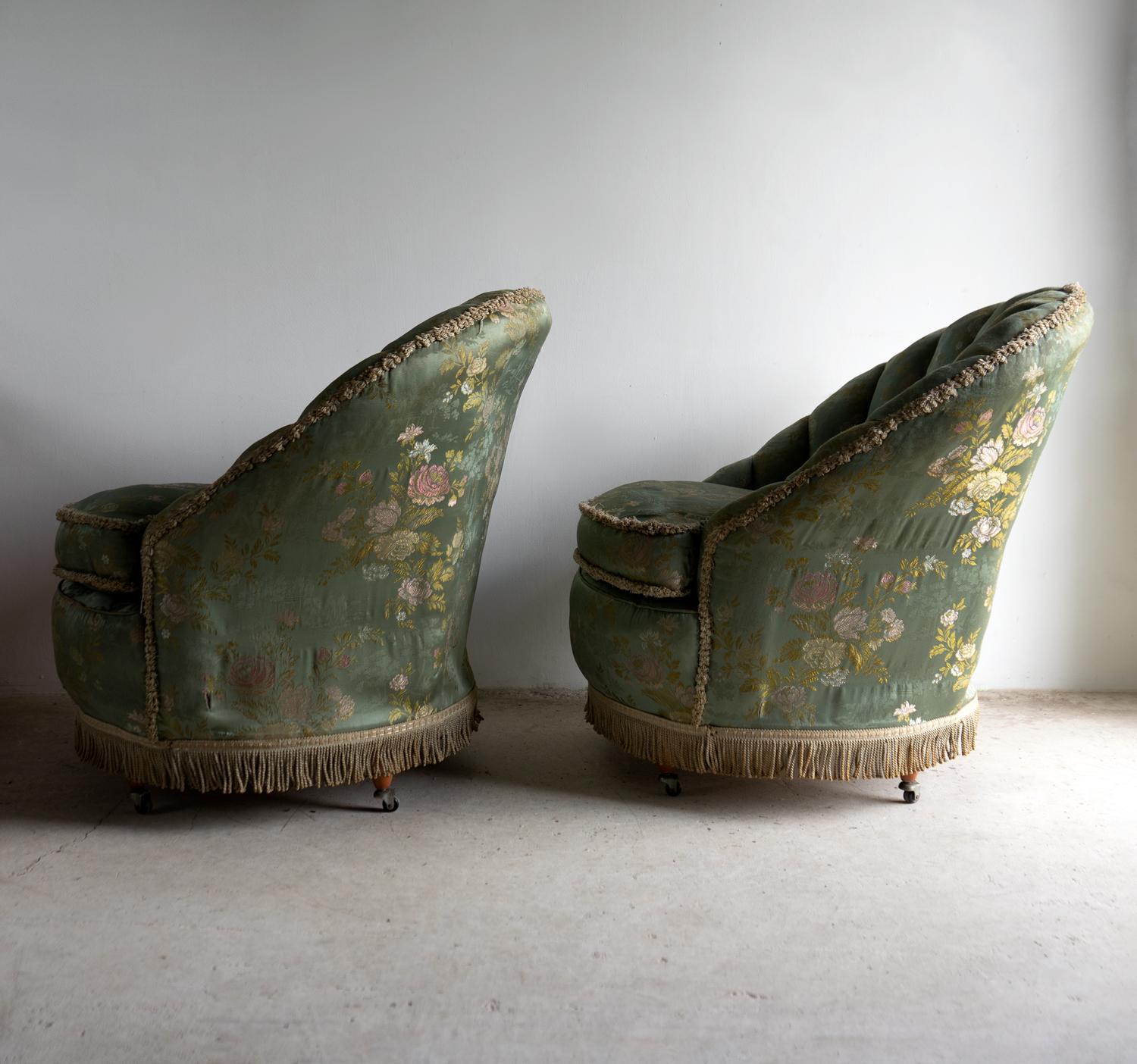 Pair Of Vintage Art Deco Cocktail Chairs With Chinoiserie Satin Upholstery For Sale 2