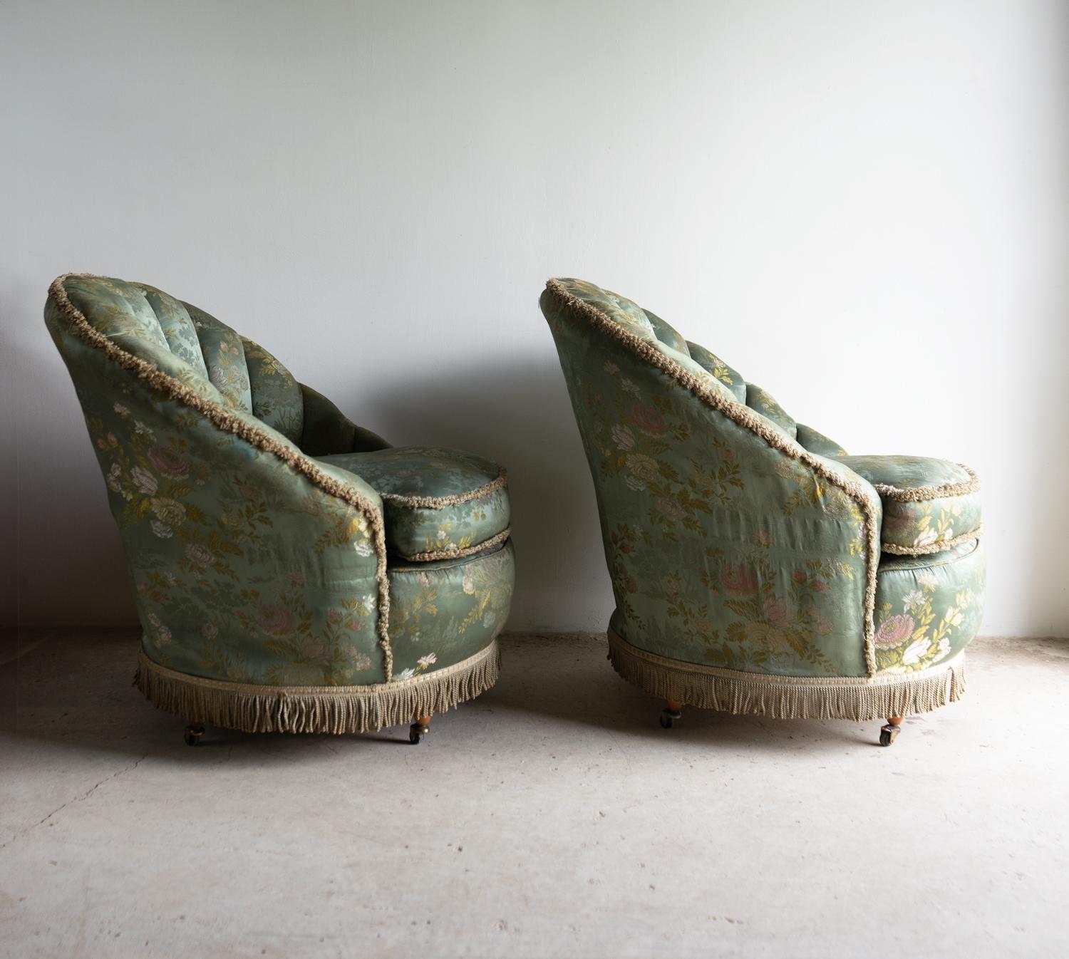 Pair Of Vintage Art Deco Cocktail Chairs With Chinoiserie Satin Upholstery For Sale 3