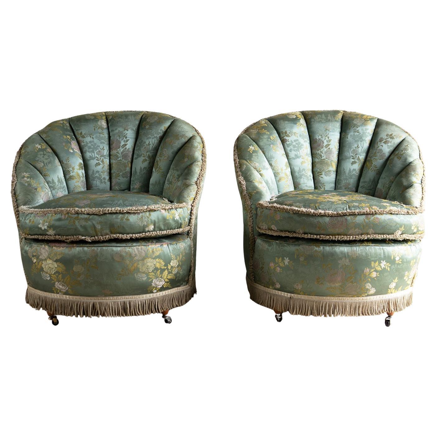 Pair Of Vintage Art Deco Cocktail Chairs With Chinoiserie Satin Upholstery For Sale